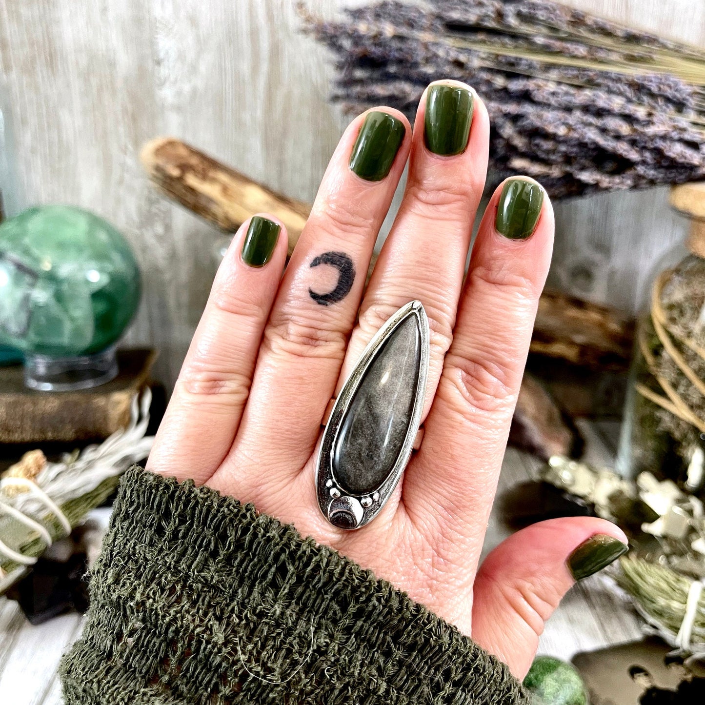 Magic Moons Silver Sheen Obsidian Ring in Sterling Silver / Designed by FOXLARK Collection Adjustable to Size 6 7 8 9 10