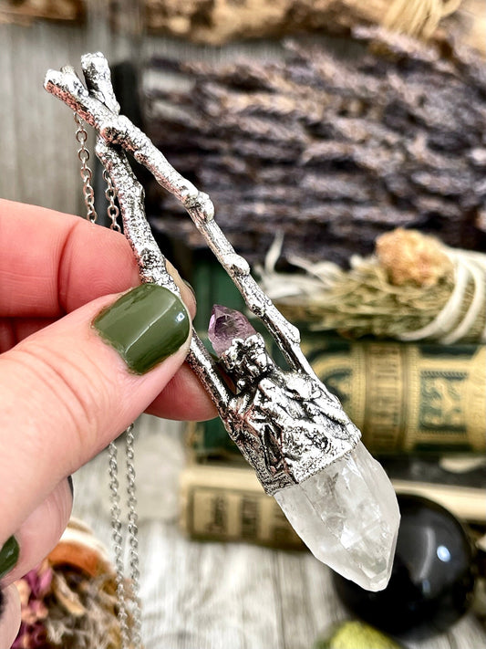 Sticks & Stones Collection - Raw Clear Quartz and Amethyst Crystal Necklace in Fine Silver // Crystal Necklace Witchy Jewelry Gothic Pendant