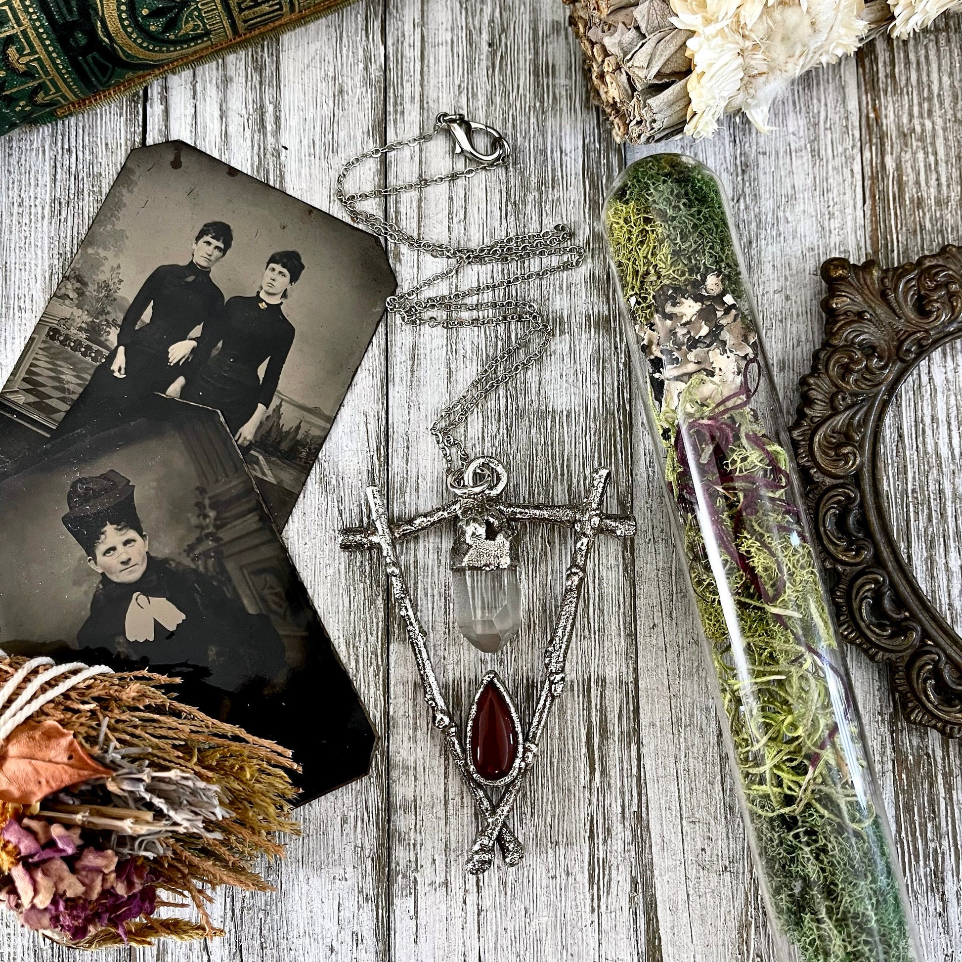 Sticks & Stones Collection - Clear Quartz and Carnelian Necklace in Fine Silver // Big Red Crystal Necklace Witchy Jewelry Gothic Pendant