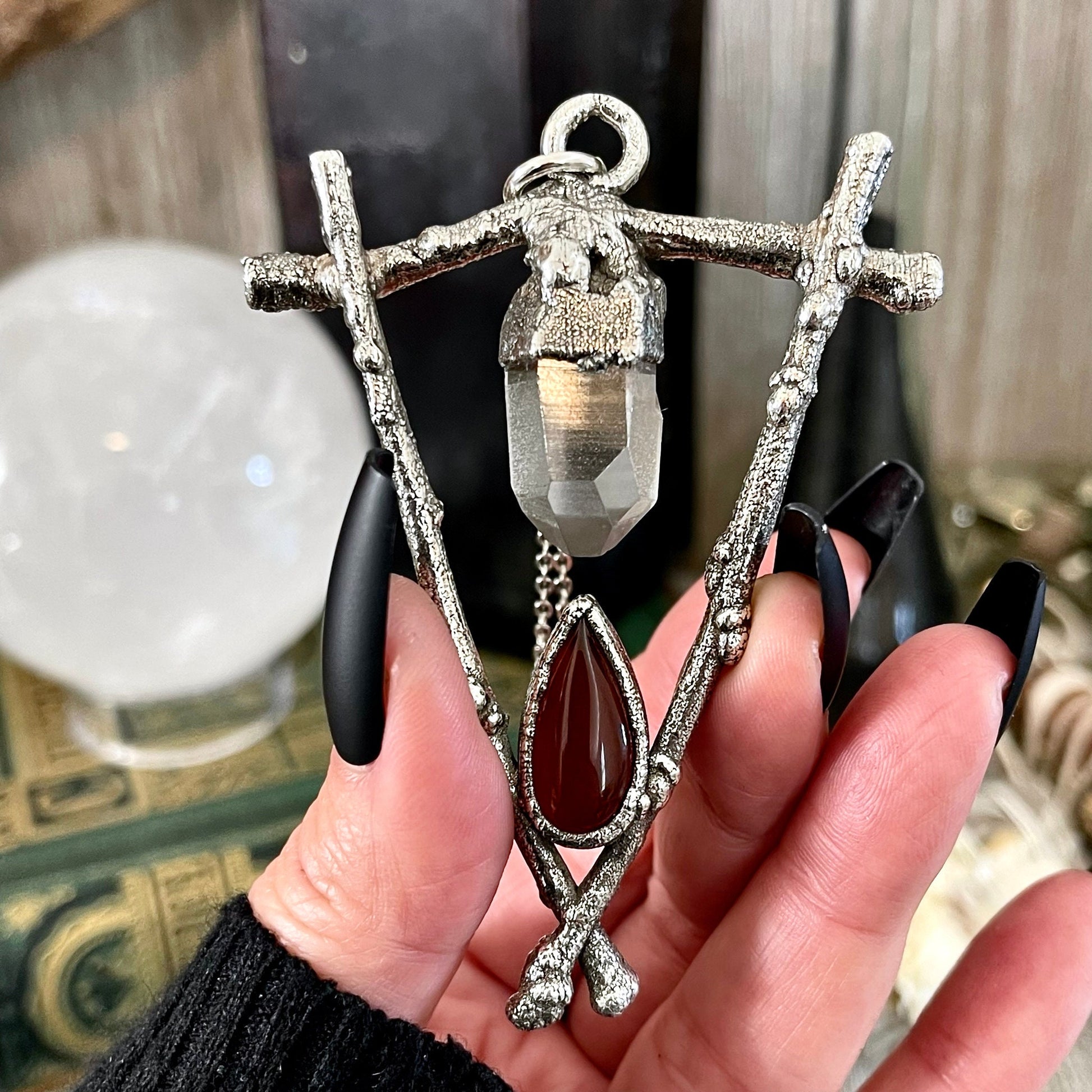 Sticks & Stones Collection - Clear Quartz and Carnelian Necklace in Fine Silver // Big Red Crystal Necklace Witchy Jewelry Gothic Pendant