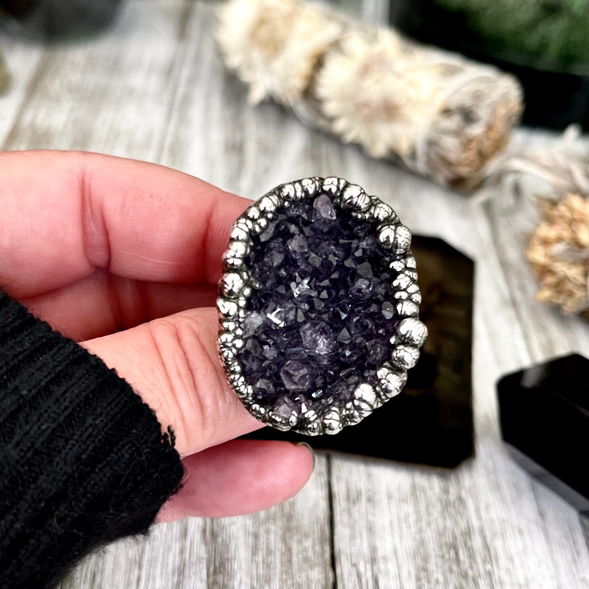 Size 7.5 Big Raw Amethyst Purple Crystal buy Ring in Fine Silver / Foxlark Collection - One of a Kind