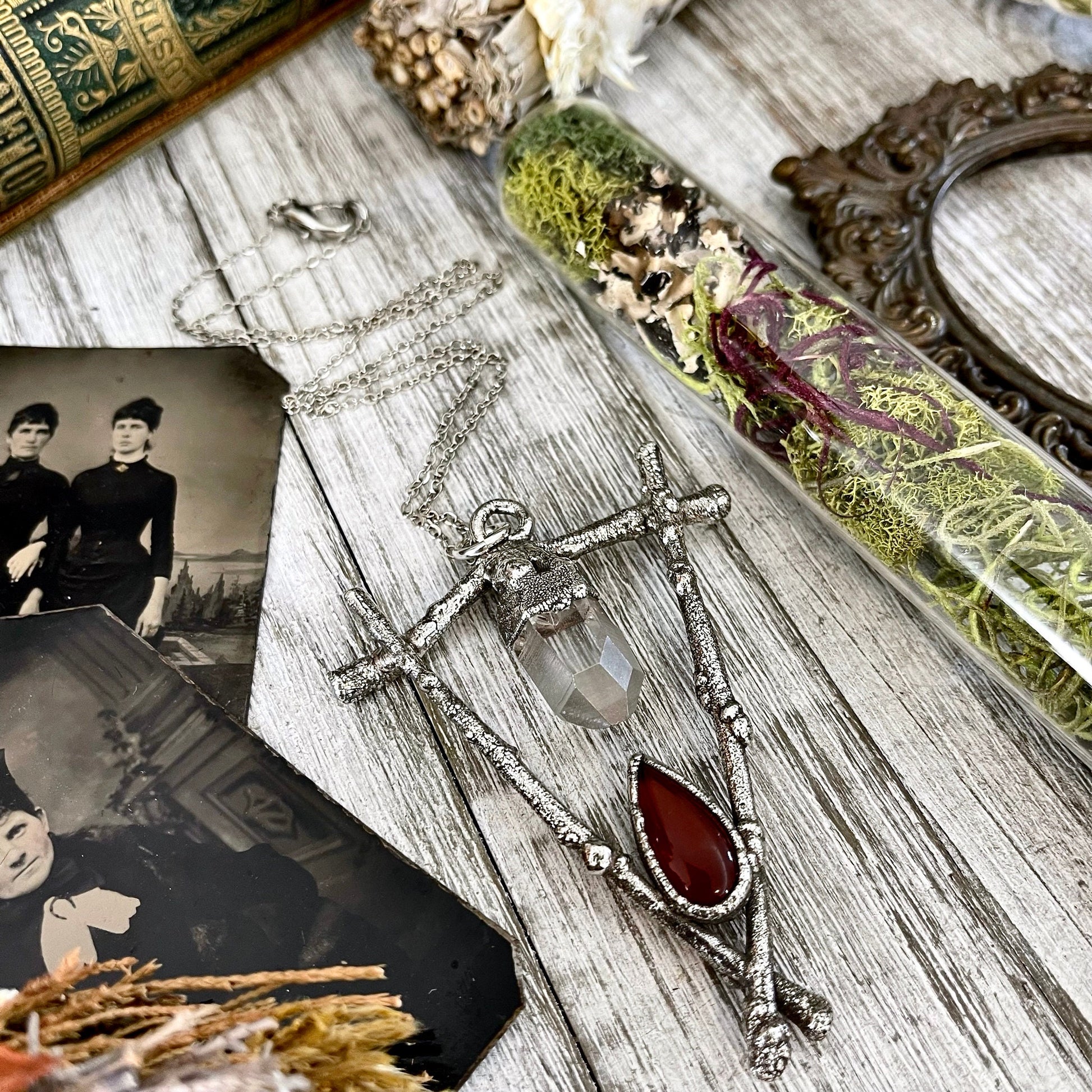 Sticks & Stones Collection - Clear Quartz and Carnelian Necklace in Fine Silver // Big Red Crystal Necklace Witchy Jewelry Gothic Pendant