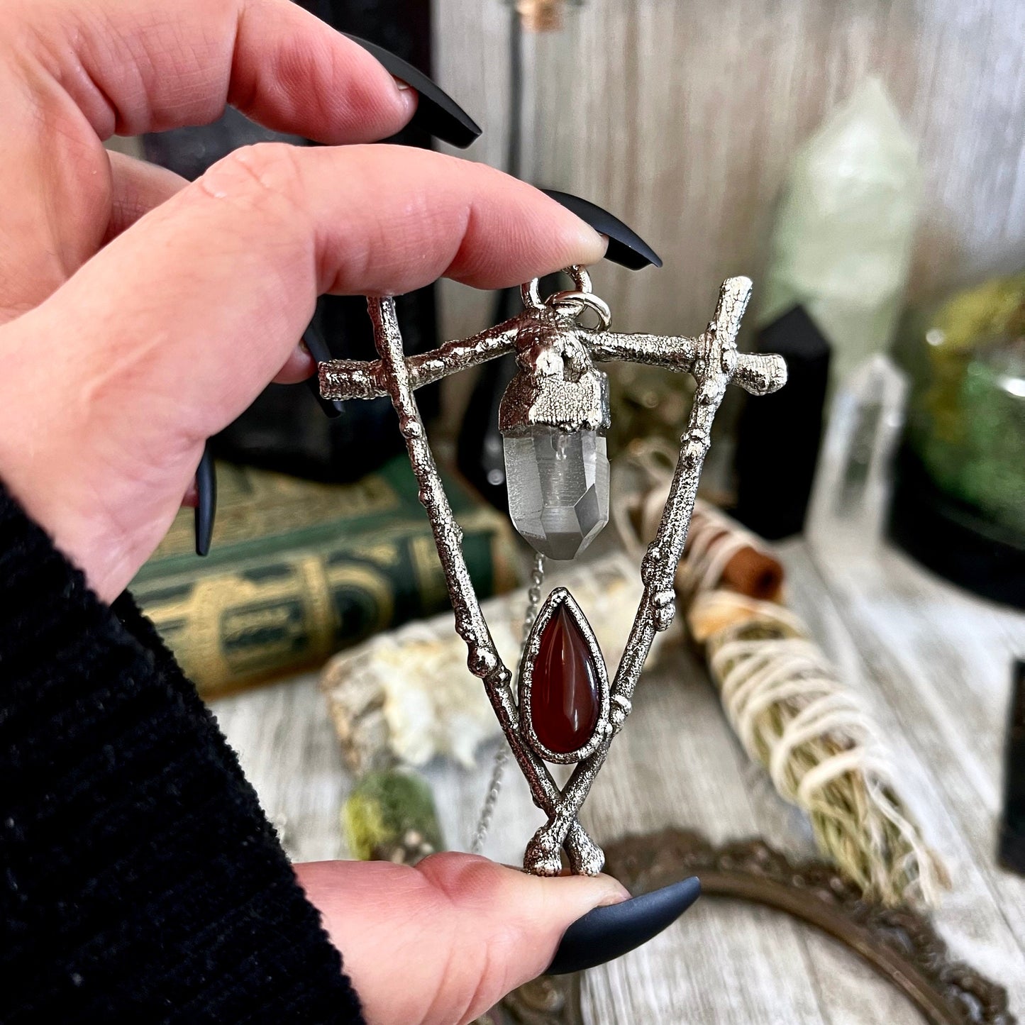 Sticks & Stones Collection - Clear Quartz and Carnelian Necklace in Fine Silver // Big Red Crystal Necklace Witchy Jewelry Gothic Pendant