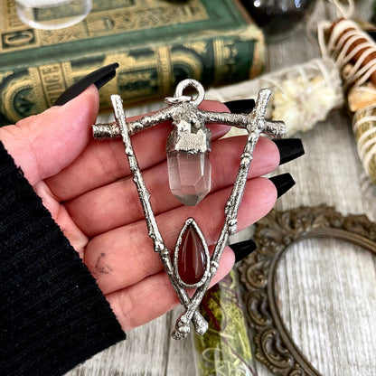 Sticks & Stones Collection - Clear Quartz and Carnelian Necklace in Fine Silver // Big Red Crystal Necklace Witchy Jewelry Gothic Pendant