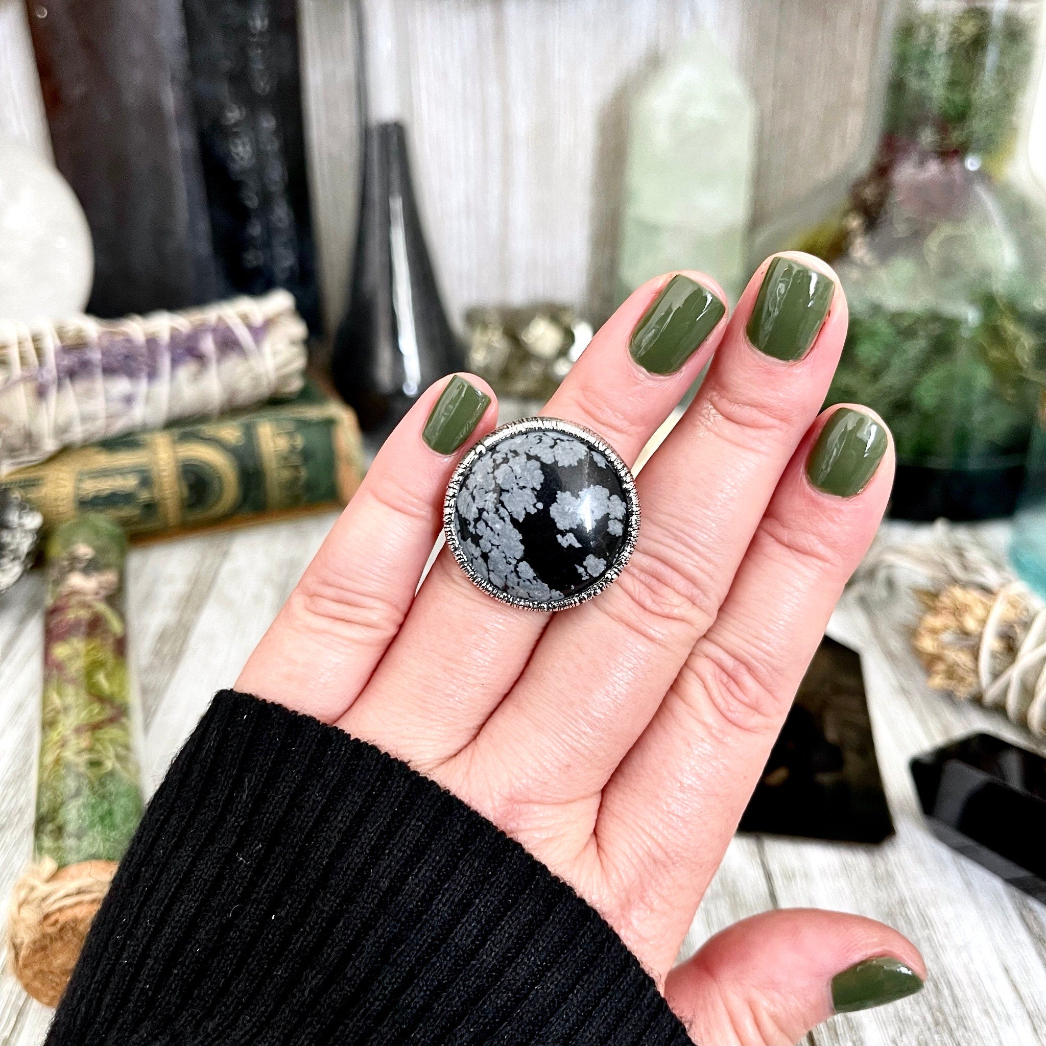 Size 7 Snowflake Obsidian Ring in Fine Silver / sold Foxlark Collection - One of a Kind