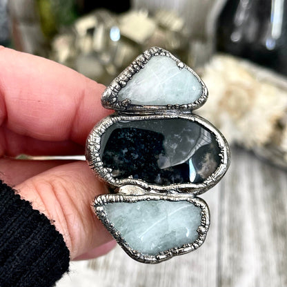 Size 8.5 Crystal Ring - Three Stone Ring Aquamarine Sea Glass Ring In Silver / Foxlark Collection - One of a Kind