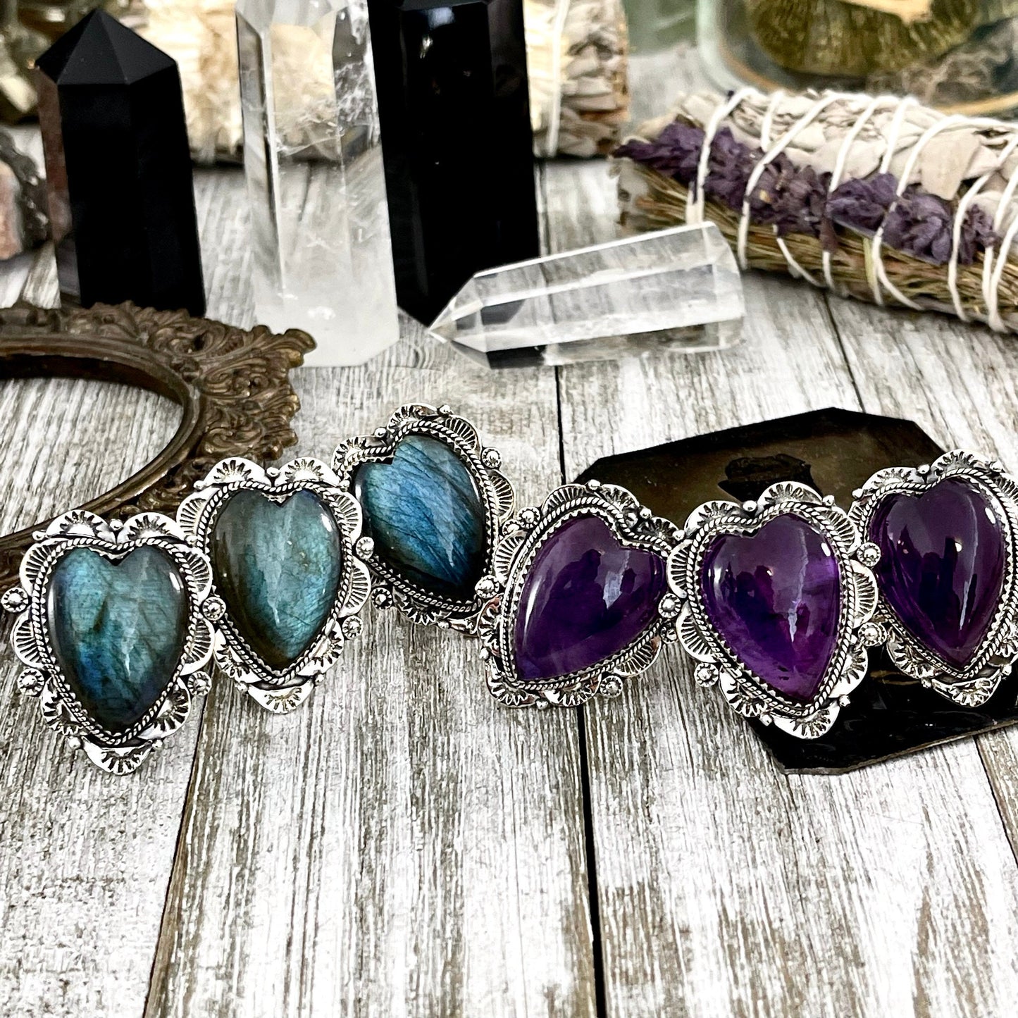 Imperfect* SIZE Adjustable - FLASH SALE - Sterling Silver Labradorite or Amethyst Heart by Foxlark