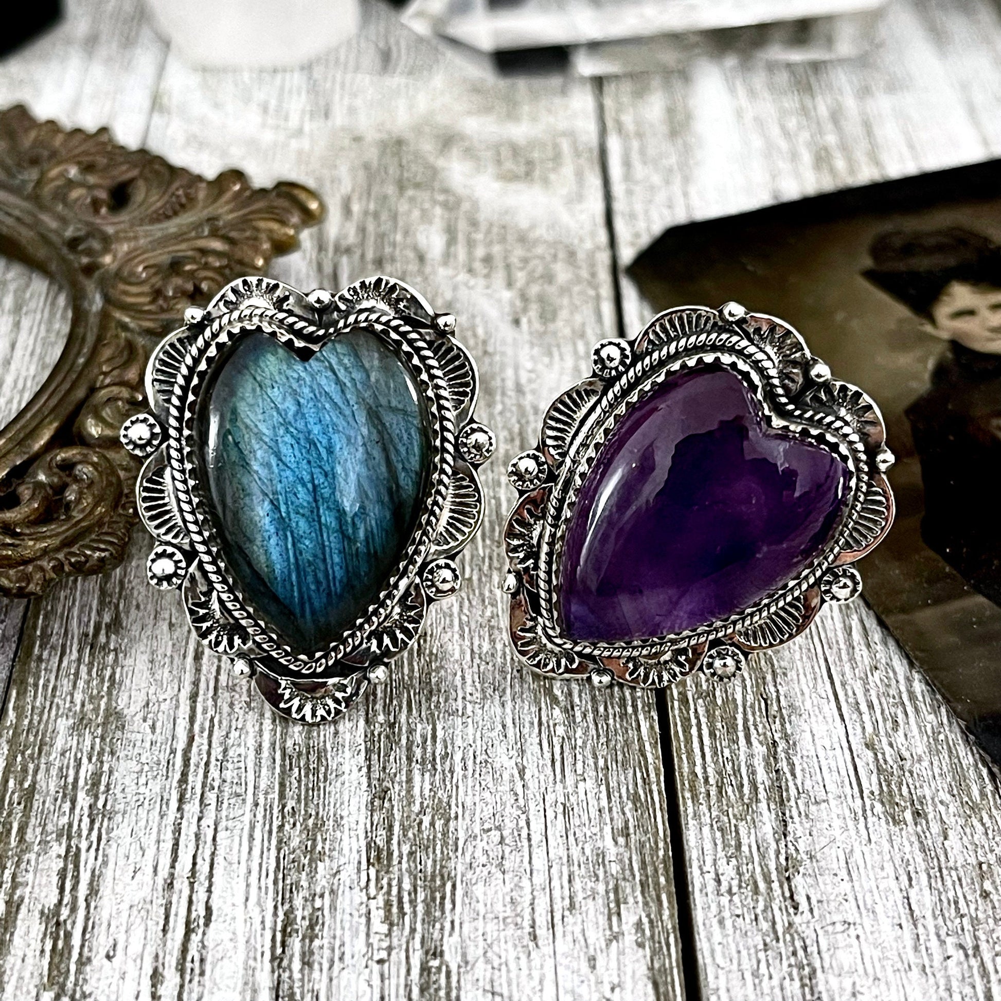 Imperfect* SIZE Adjustable - FLASH SALE - Sterling Silver Labradorite or Amethyst Heart by Foxlark