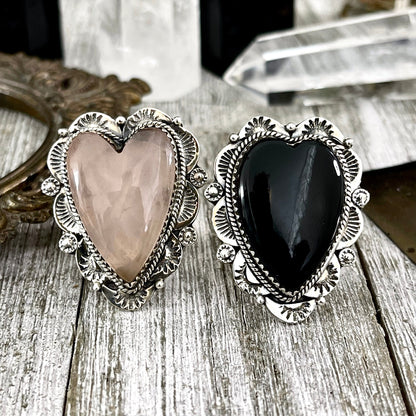 Imperfect* SIZE Adjustable - FLASH SALE - Sterling Silver Rose Quartz or Black Onyx Heart by Foxlark