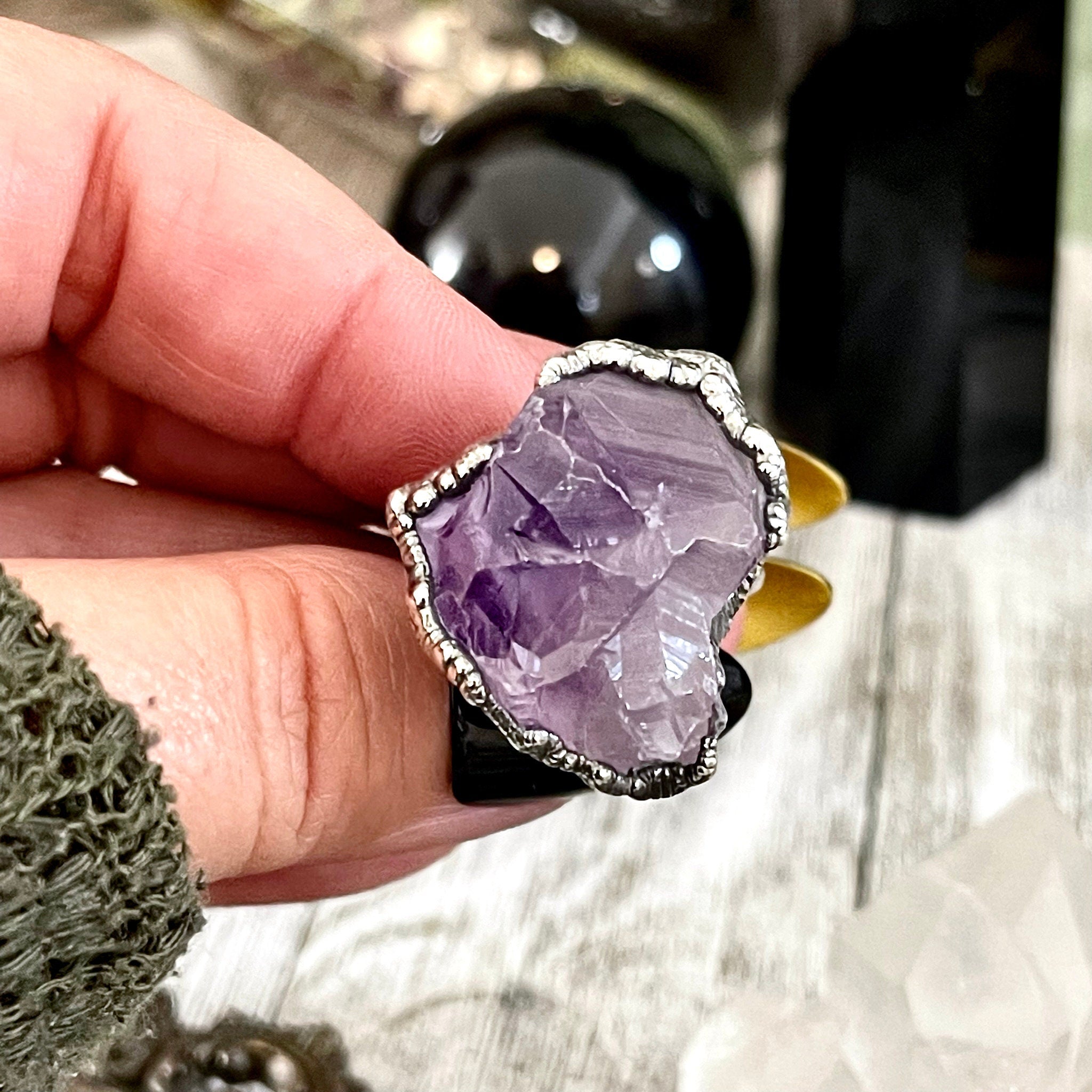 Size 7.5 Big Raw Amethyst Purple Crystal Ring 2024 in Fine Silver / Foxlark Collection - One of a Kind