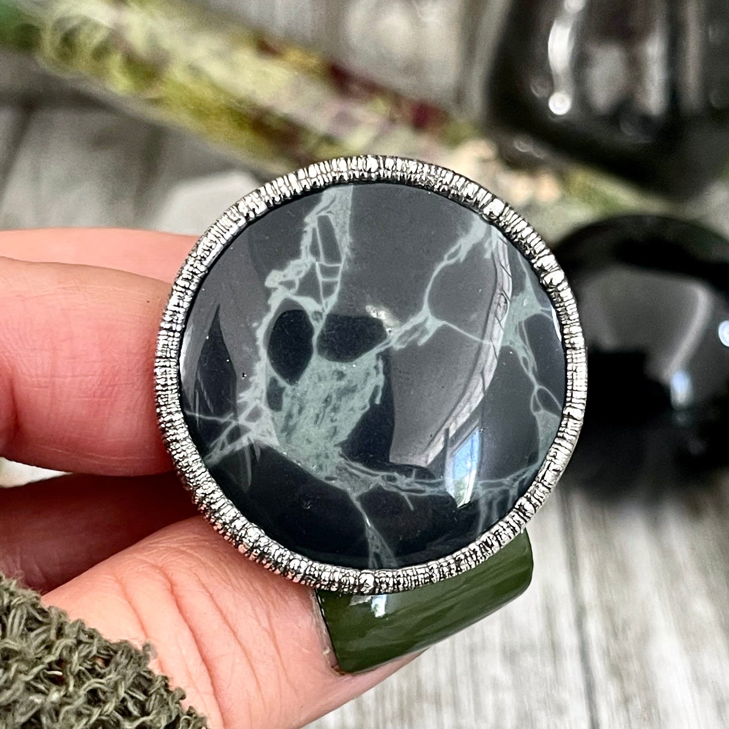 Size 9 Natural Spider Web Obsidian Statement Ring in Fine Silver - Black Stone Jewelry / Foxlark Collection - One of a Kind