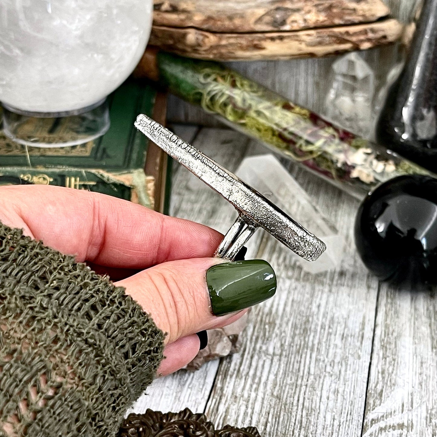 Size 8 Large Fossilized Palm Root Statement Ring in Fine Silver / Foxlark Collection / Black Stone Fossil Wood Gothic Jewelry