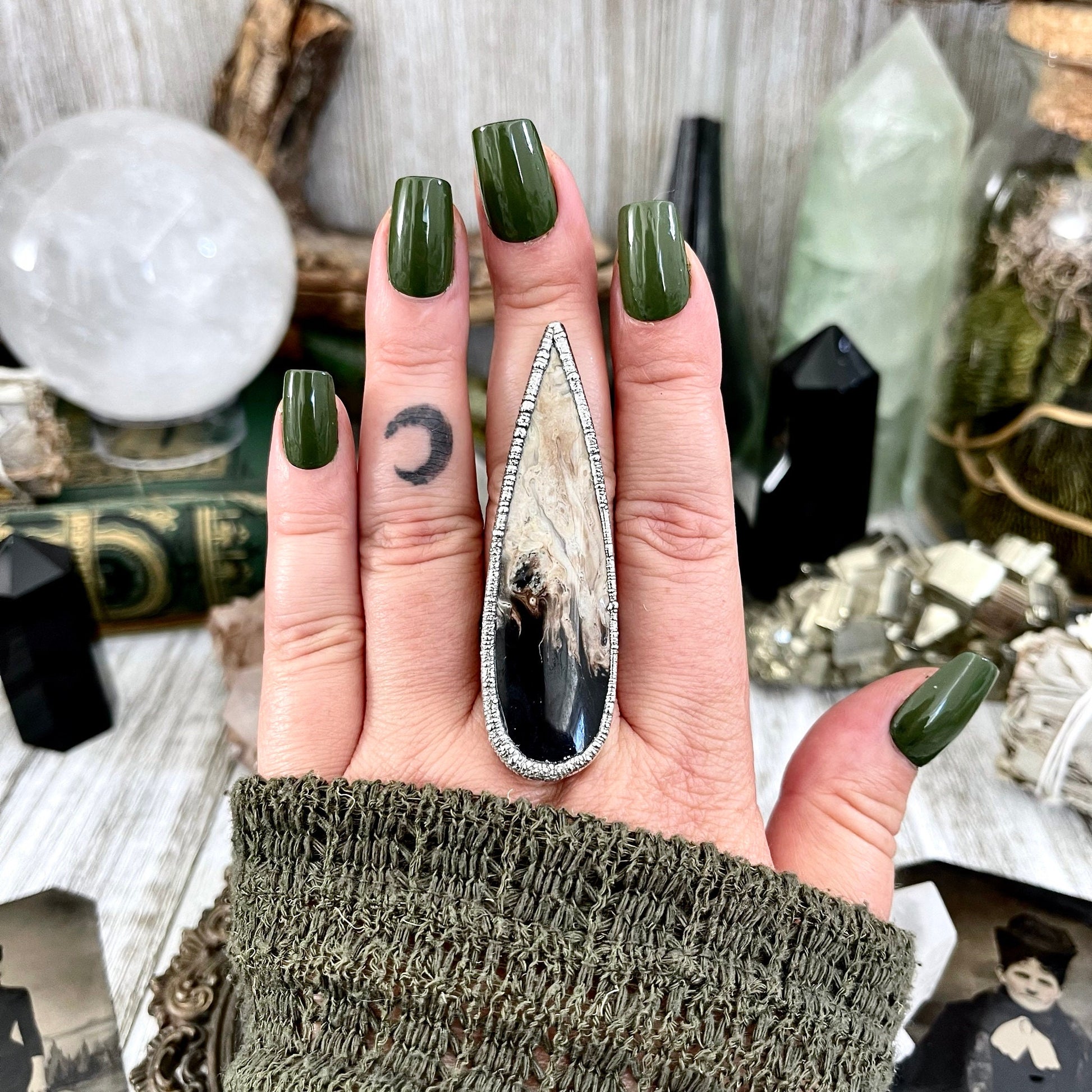 Size 8 Large Fossilized Palm Root Statement Ring in Fine Silver / Foxlark Collection / Black Stone Fossil Wood Gothic Jewelry