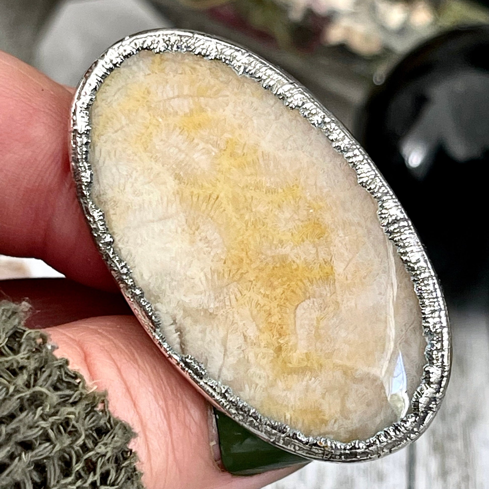 Size 8.5 Big Fossilized Coral Silver Statement Ring in Fine Silver / Foxlark Collection - One of a Kind / Big Crystal Ring Witchy Jewelry