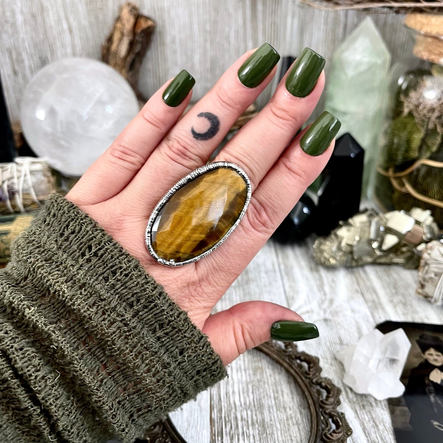 Size 8.5 Tigers Eye Ring in Fine Silver / Foxlark Collection - One of a Kind / Big Crystal Ring Witchy Jewelry / Gothic Jewelry