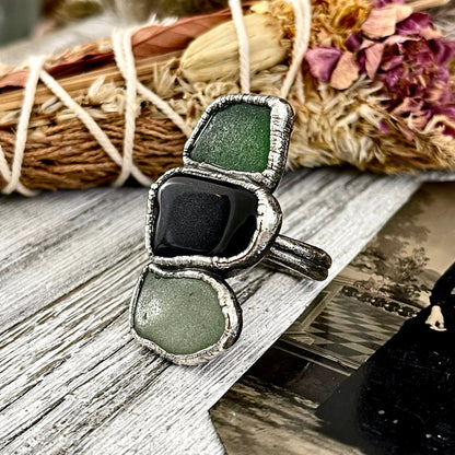 Size 7.5 Crystal Ring - Three Stone Ring Sea Glass Black Onyx Ring Silver / Foxlark Collection - One of a Kind