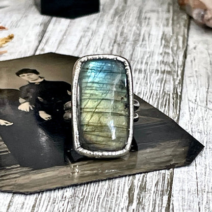 Size 6.5 Labradorite Statement Ring in Fine Silver / Foxlark Collection - One of a Kind / Big Blue Crystal Ring Witchy Stone Jewelry