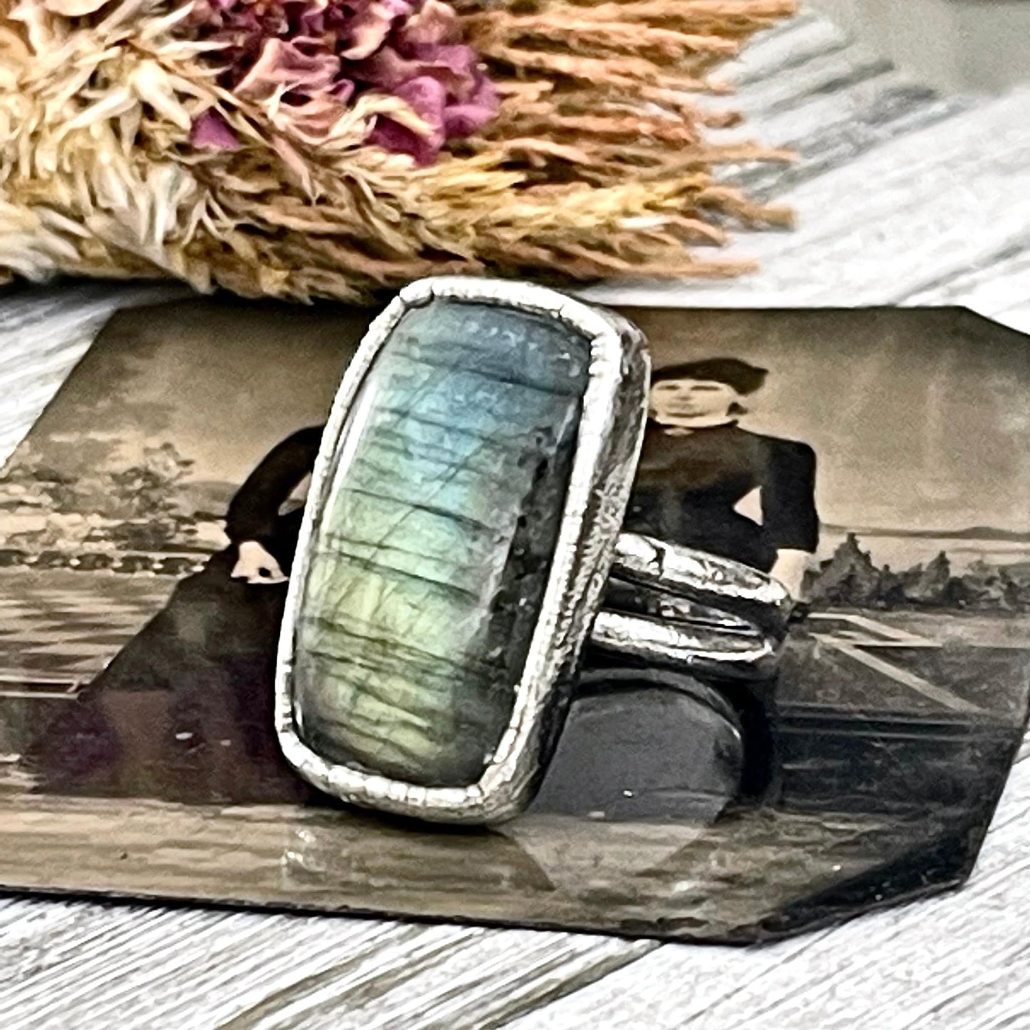 Size 6.5 Labradorite Statement Ring in Fine Silver / Foxlark Collection - One of a Kind / Big Blue Crystal Ring Witchy Stone Jewelry