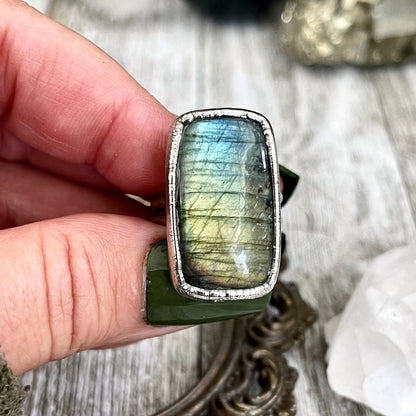 Size 6.5 Labradorite Statement Ring in Fine Silver / Foxlark Collection - One of a Kind / Big Blue Crystal Ring Witchy Stone Jewelry