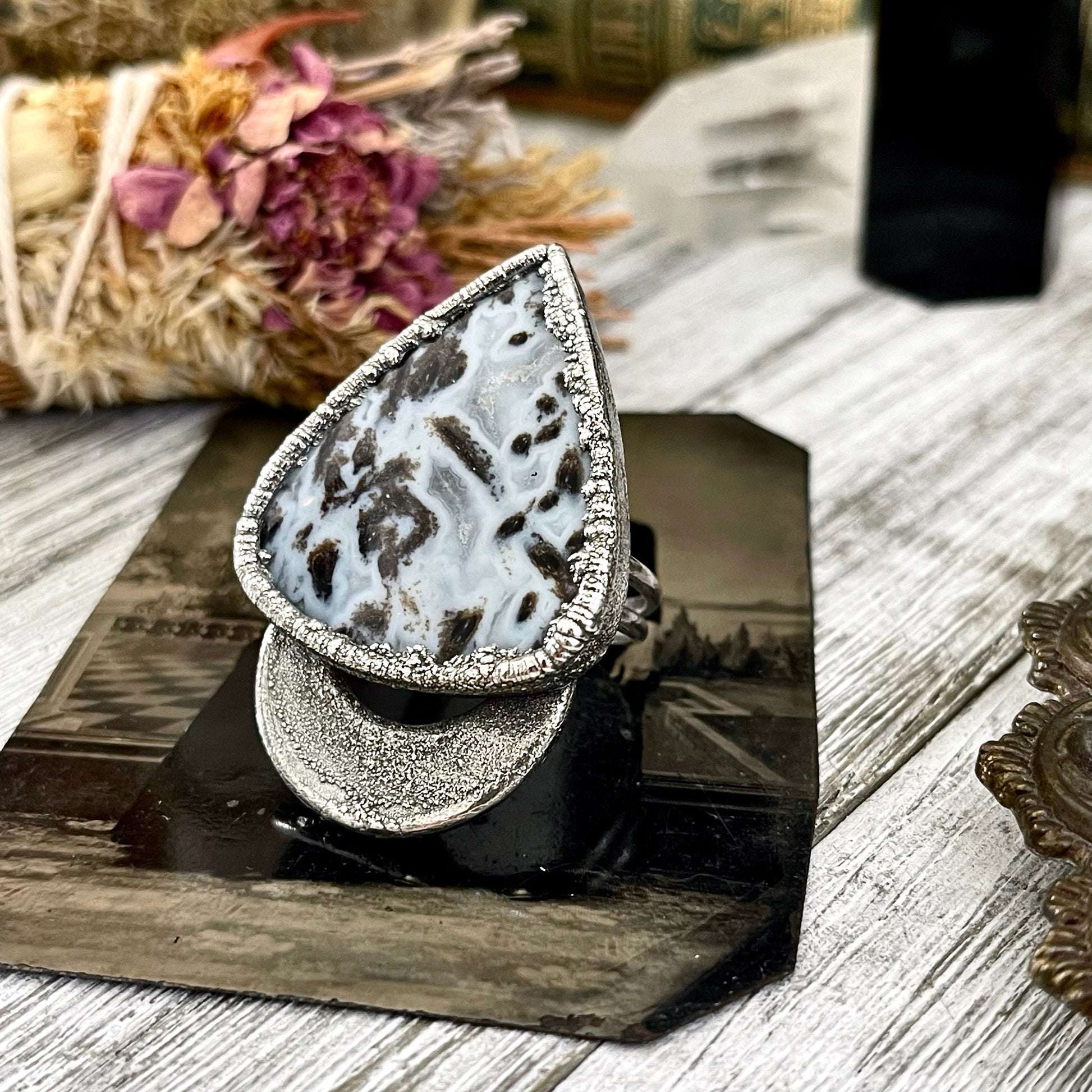 Size 10.5 Large Blue Fossilized Palm Root Statement Ring in Fine Silver / Foxlark Collection - One of a Kind / Gothic Jewelry Gemstone