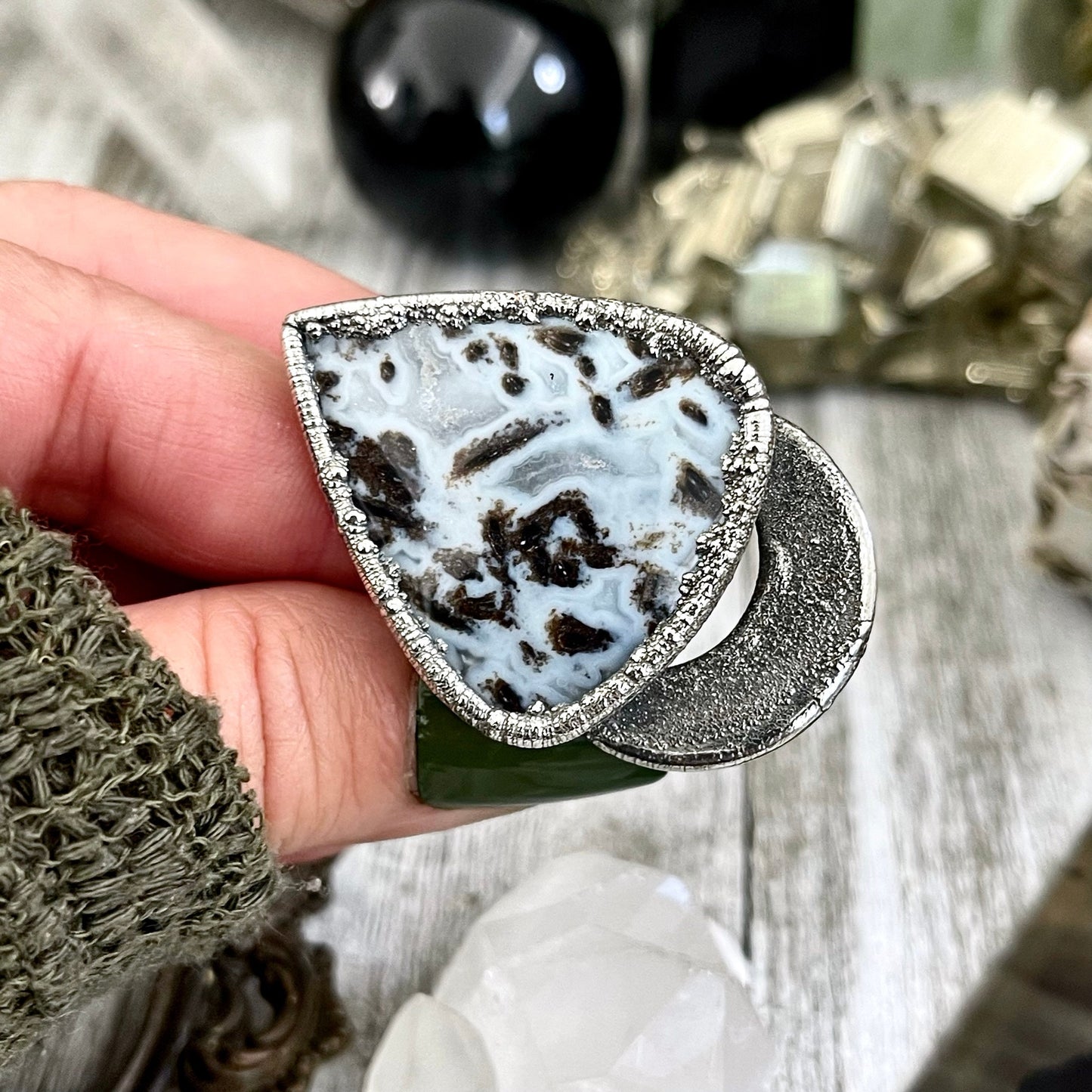 Size 10.5 Large Blue Fossilized Palm Root Statement Ring in Fine Silver / Foxlark Collection - One of a Kind / Gothic Jewelry Gemstone