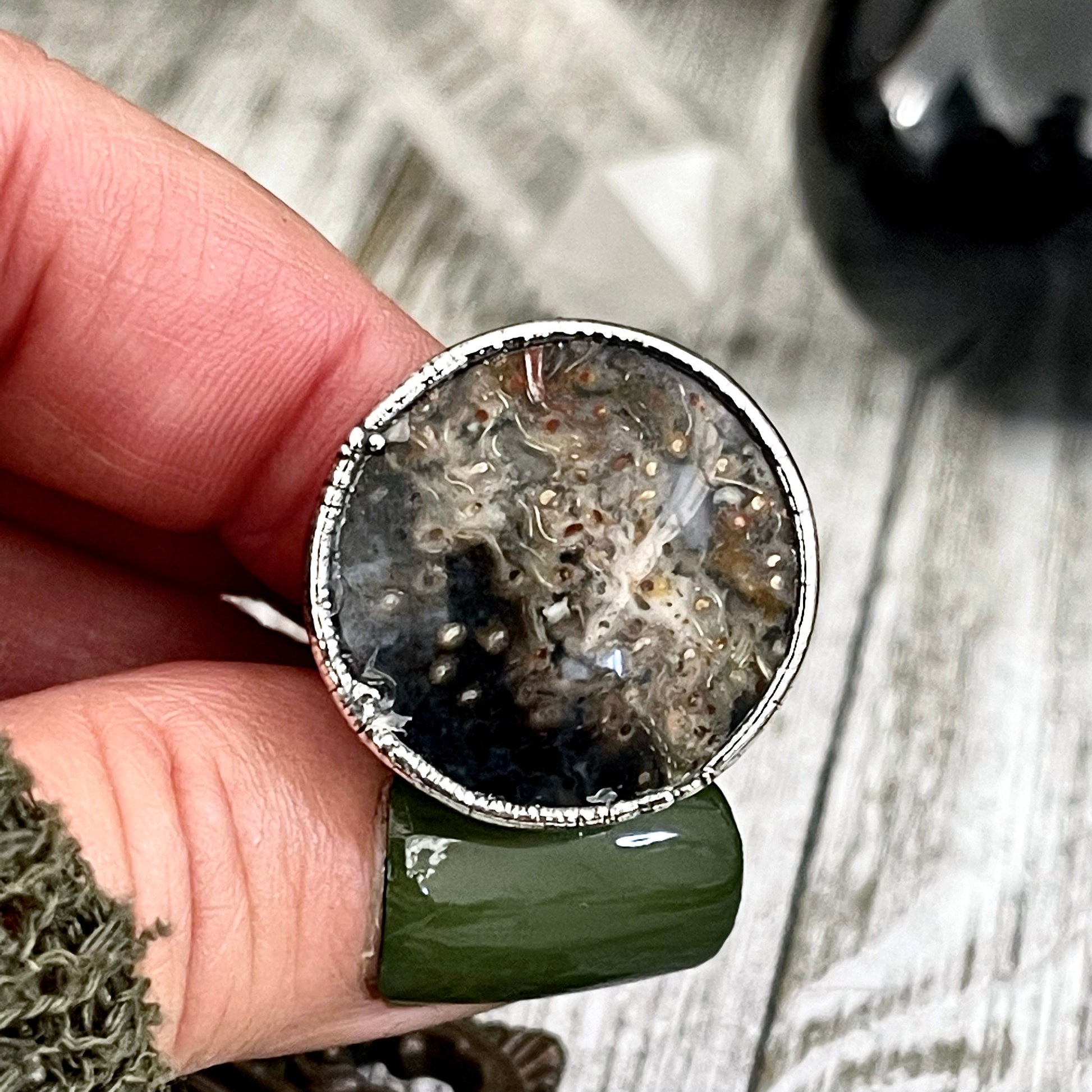 Size 7 Large Fossilized Palm Root Statement Ring in Fine Silver / Foxlark Collection - One of a Kind / Big Crystal Ring Witchy Jewelry