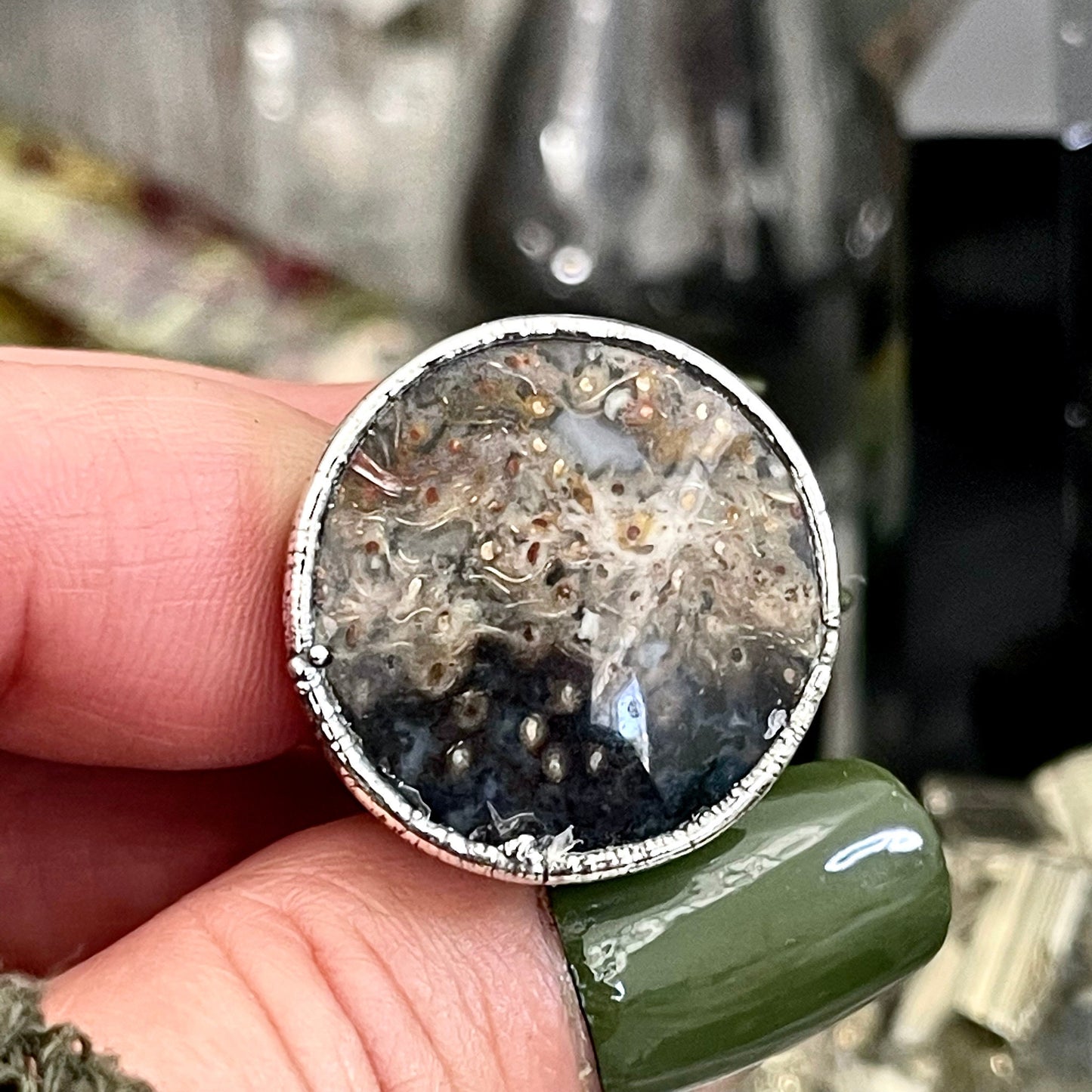 Size 7 Large Fossilized Palm Root Statement Ring in Fine Silver / Foxlark Collection - One of a Kind / Big Crystal Ring Witchy Jewelry