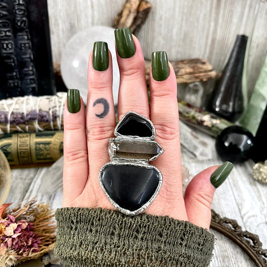 Size 8 Big Crystal Ring - Three Stone Black Onyx River Rock & Smokey Quartz Silver Ring / Foxlark Collection - One of a Kind Jewelry