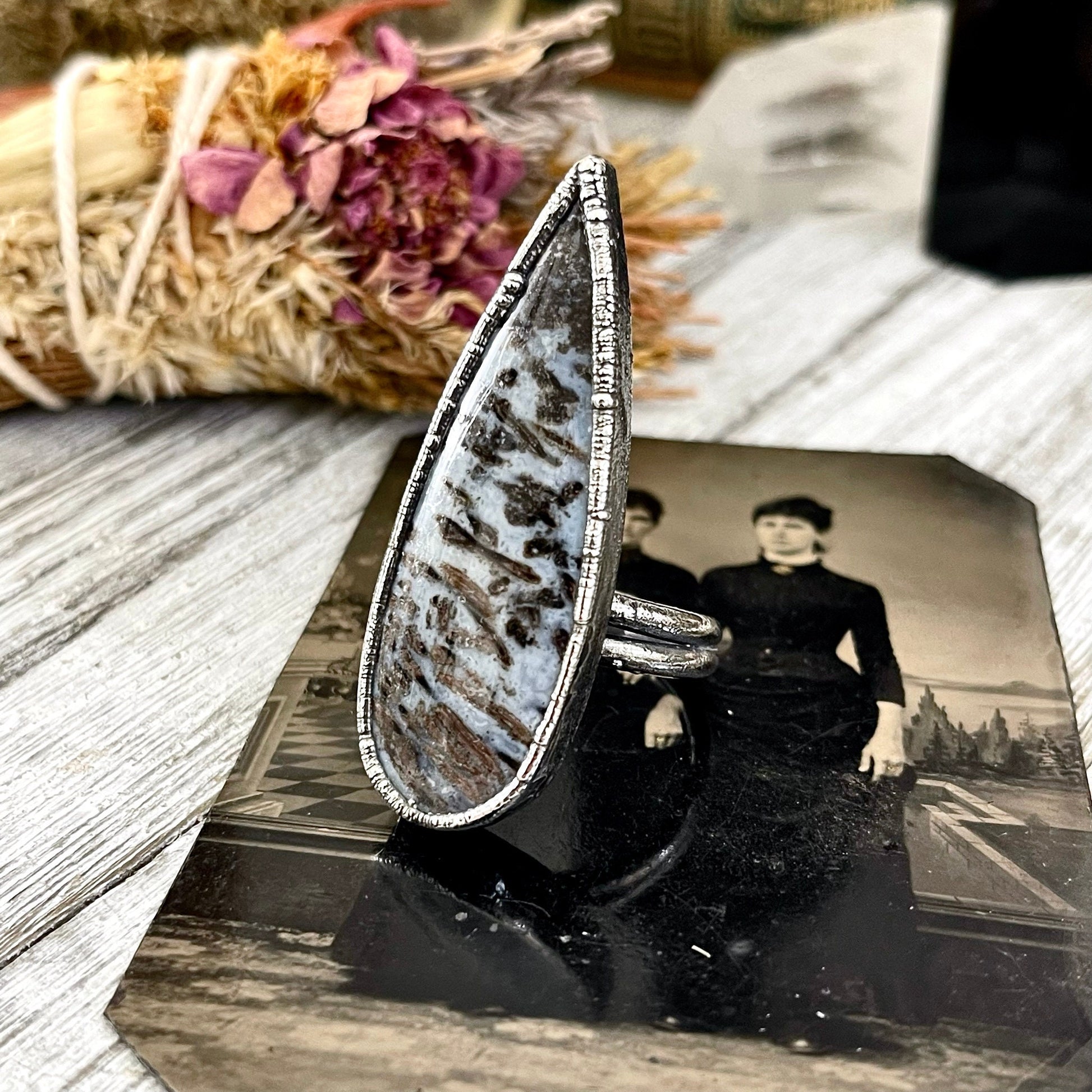 Size 9 Large Blue Fossilized Palm Root Statement Ring in Fine Silver / Foxlark Collection - One of a Kind / Gothic Jewelry Gemstone