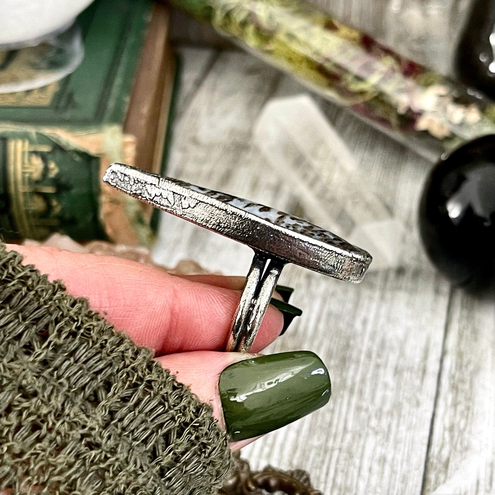 Size 9.5 Large Fossilized Palm Root Petrified Wood Coffin Statement Ring in Fine Silver / Foxlark Collection selling - One of a Kind