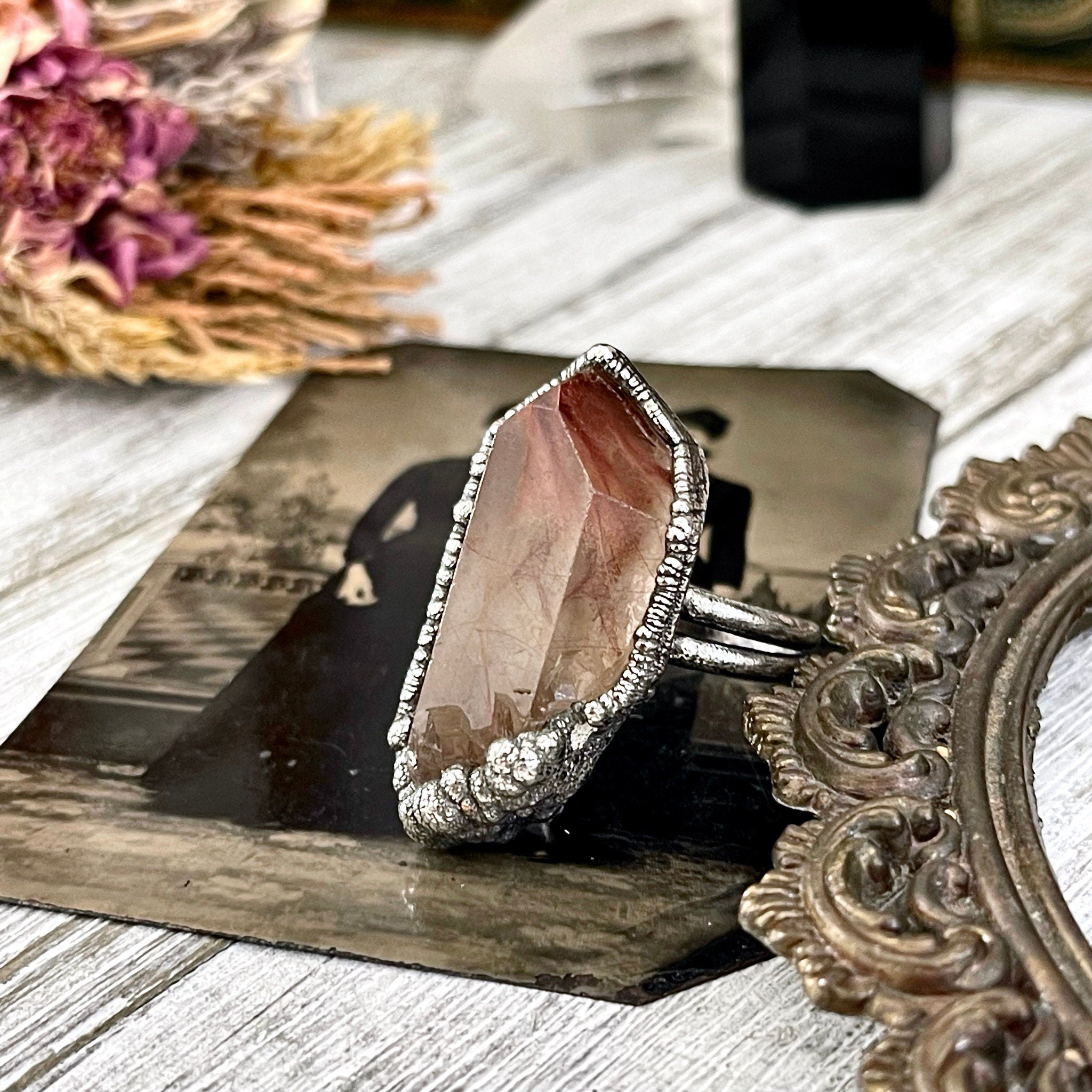 Size 8 Raw Garden Quartz Crystal Statement Ring in Fine Silver Foxla Foxlark Crystal Jewelry