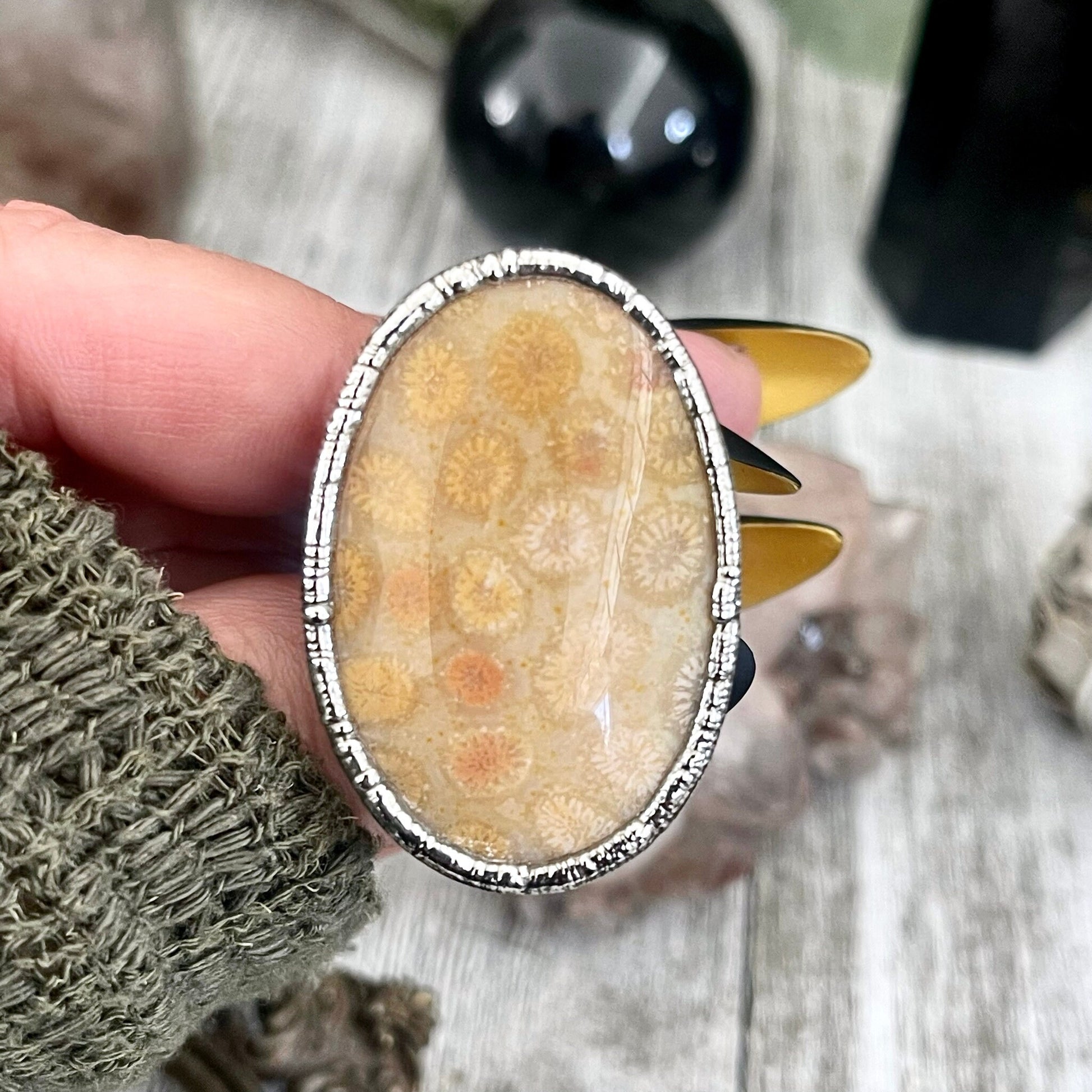 Size 9 Big Fossilized Coral Silver Statement Ring in Fine Silver / Foxlark Collection - One of a Kind