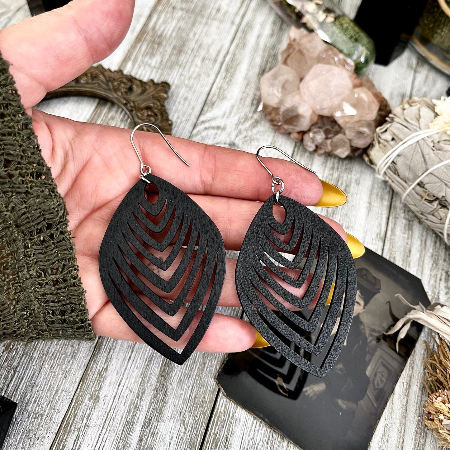 Black Laser Cut Wooden Earrings / Stainless Steel Long Dangly Earrings