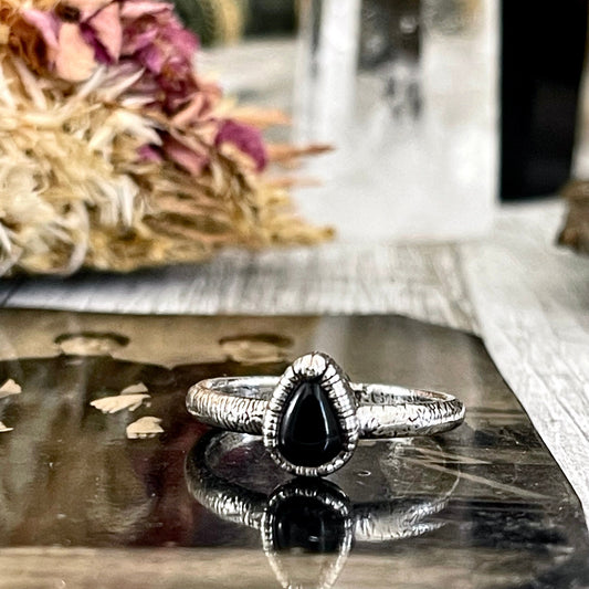 Dainty Teardrop Black Onyx Ring Fine Silver Size 5 6 7 8 9 10 Foxlark Collection // Witchy Goth Jewelry Crystal Alternative Jewelry