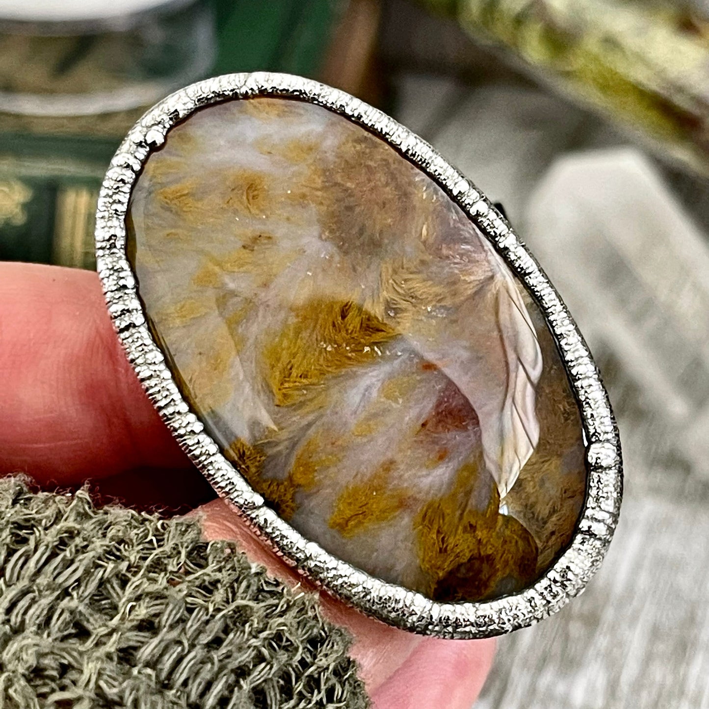 Size 10 Silver Natural Fancy Moss Agate Crystal Statement Ring / Foxlark Collection - One of a Kind / Big Crystal Ring Witchy Jewelry