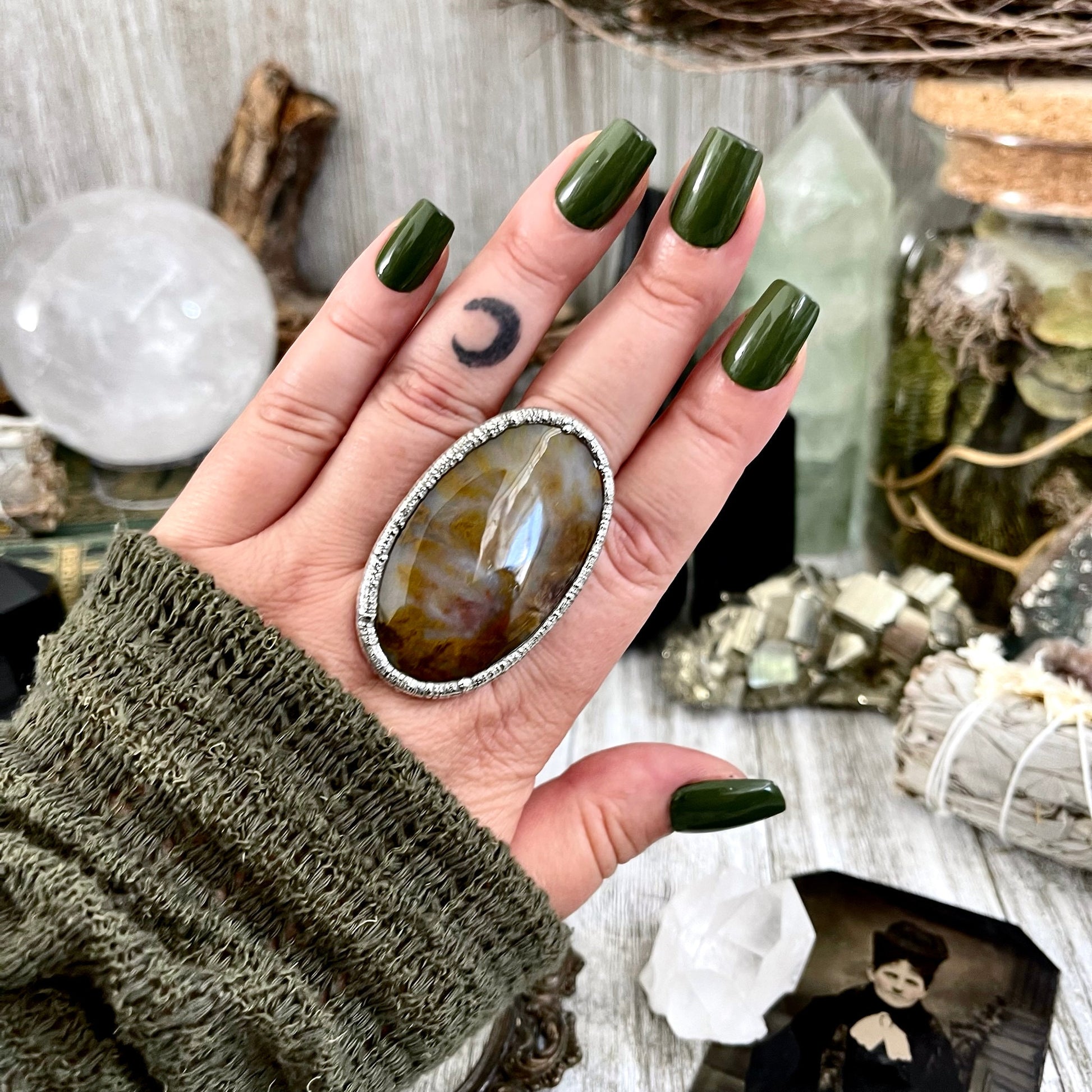 Size 10 Silver Natural Fancy Moss Agate Crystal Statement Ring / Foxlark Collection - One of a Kind / Big Crystal Ring Witchy Jewelry