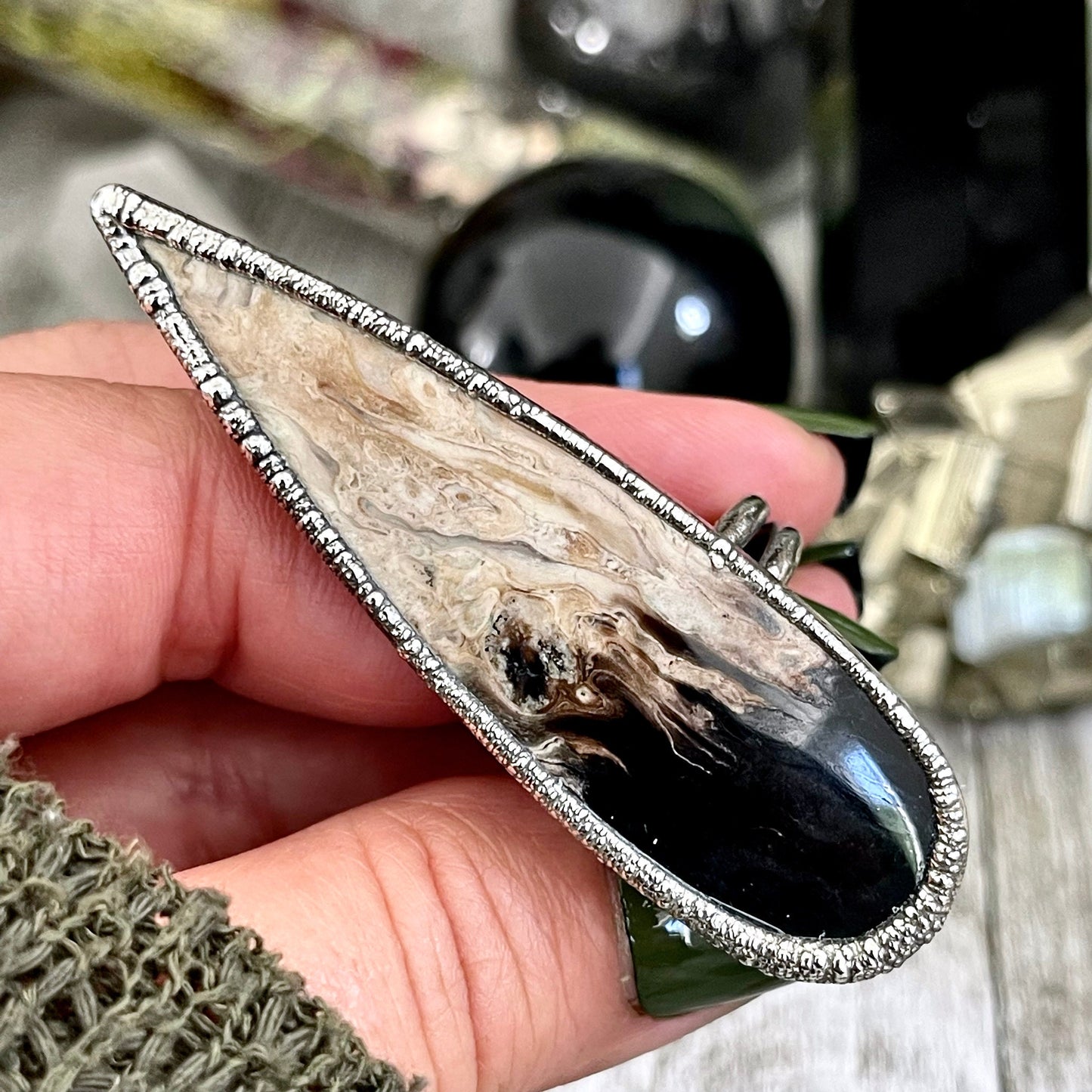 Size 8 Large Fossilized Palm Root Statement Ring in Fine Silver / Foxlark Collection / Black Stone Fossil Wood Gothic Jewelry