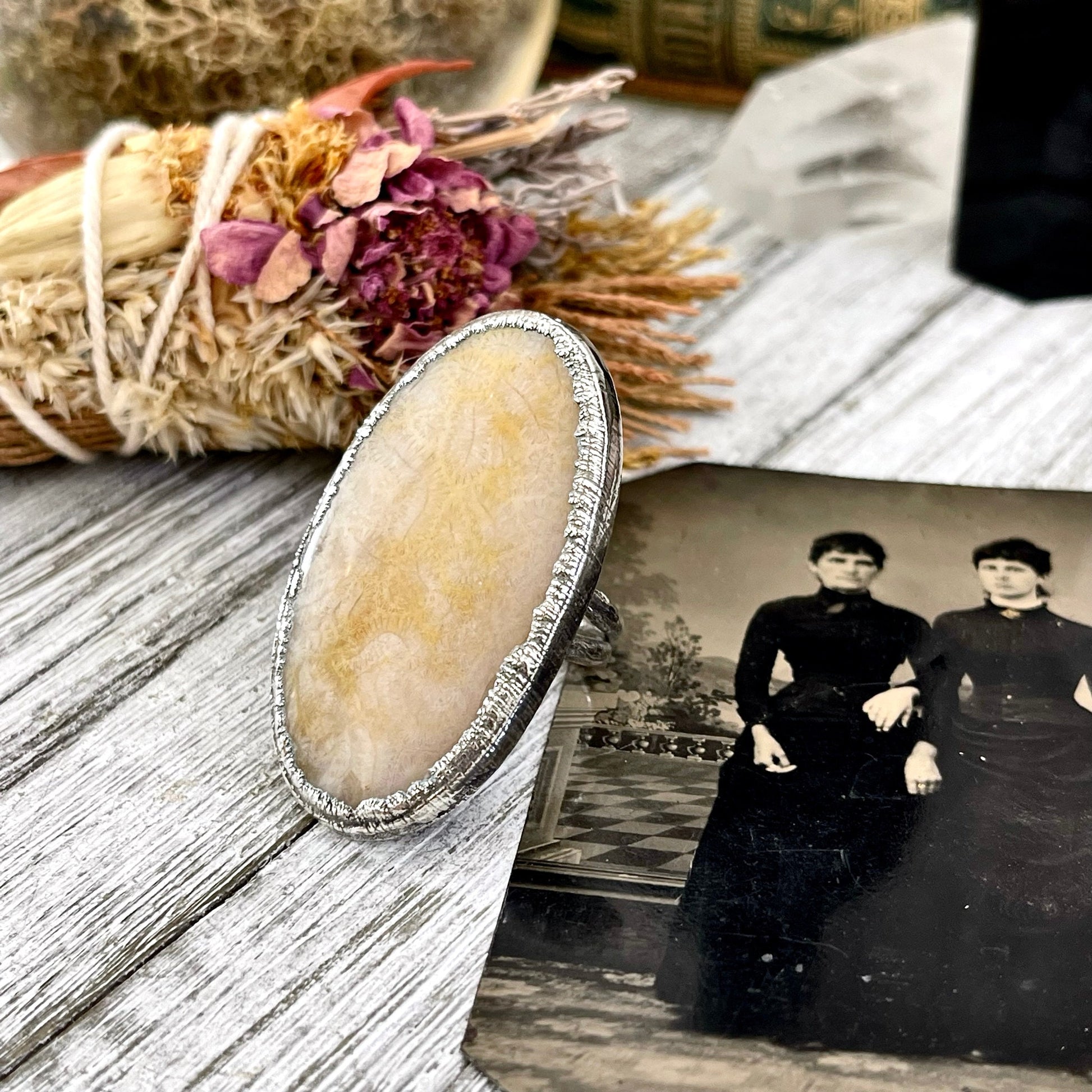 Size 8.5 Big Fossilized Coral Silver Statement Ring in Fine Silver / Foxlark Collection - One of a Kind / Big Crystal Ring Witchy Jewelry