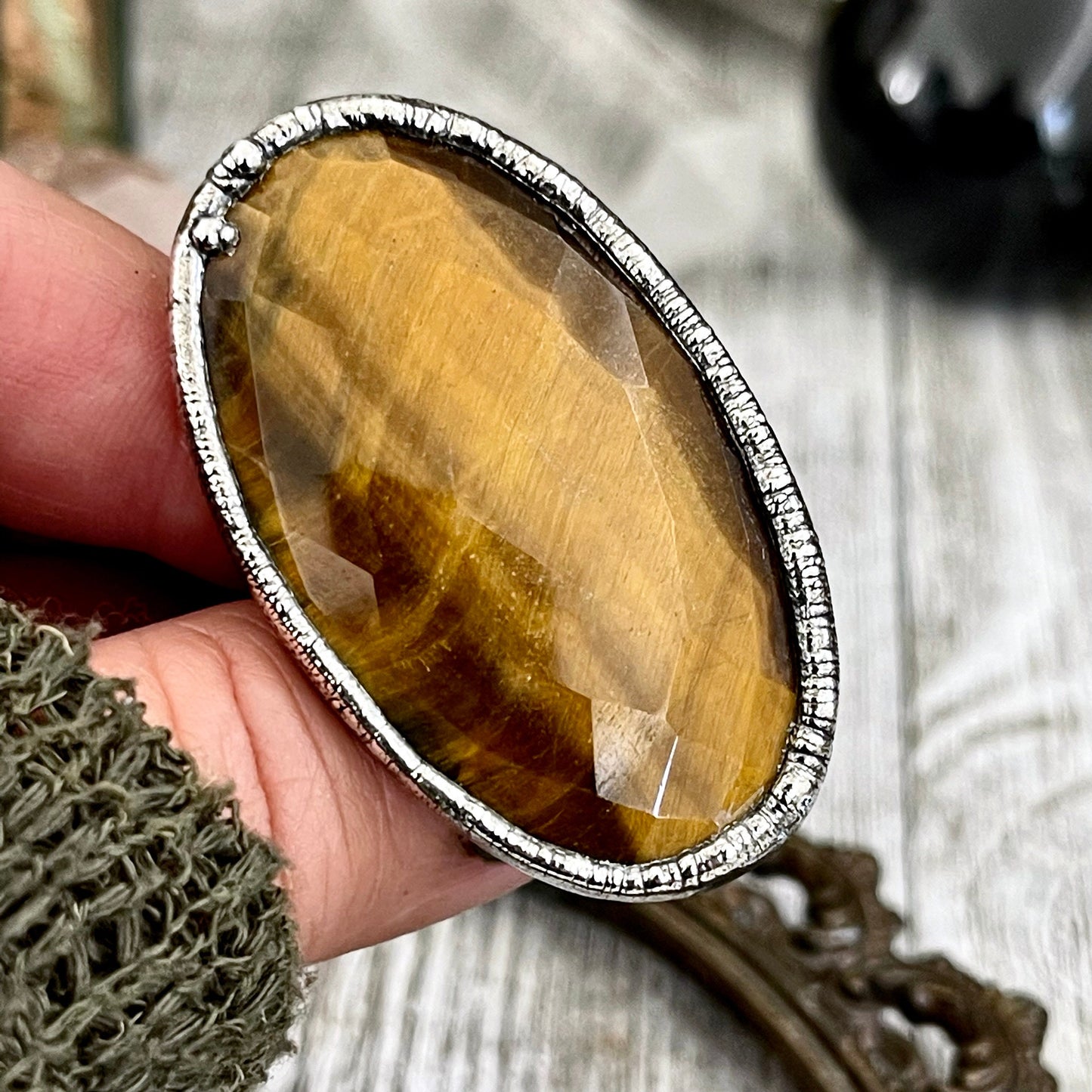 Size 8.5 Tigers Eye Ring in Fine Silver / Foxlark Collection - One of a Kind / Big Crystal Ring Witchy Jewelry / Gothic Jewelry