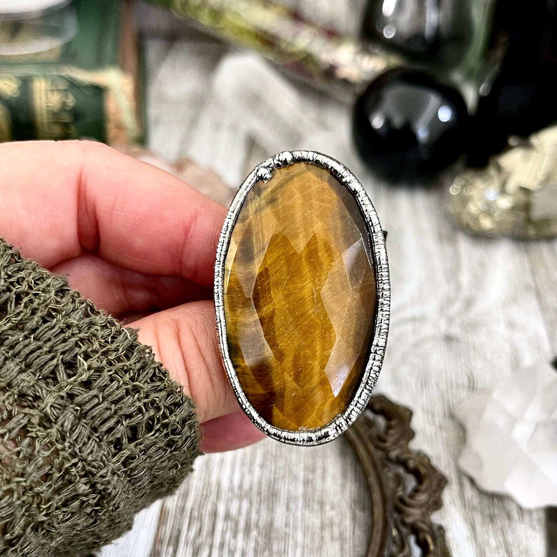 Size 8.5 Tigers Eye Ring in Fine Silver / Foxlark Collection - One of a Kind / Big Crystal Ring Witchy Jewelry / Gothic Jewelry