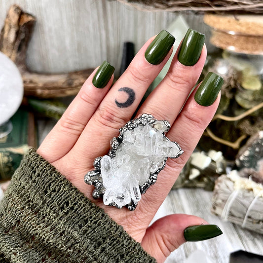 Size 11 Raw Clear Quartz Crystal Cluster Ring Set in Fine Silver / Foxlark Collection - One of a Kind