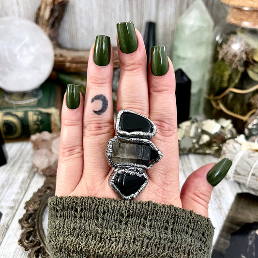 Size 8.5 Big Crystal Ring - Three Stone Black Onyx Smokey Quartz Silver Ring / Foxlark Collection - One of a Kind Jewelry