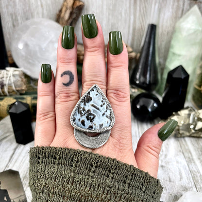 Size 10.5 Large Blue Fossilized Palm Root Statement Ring in Fine Silver / Foxlark Collection - One of a Kind / Gothic Jewelry Gemstone