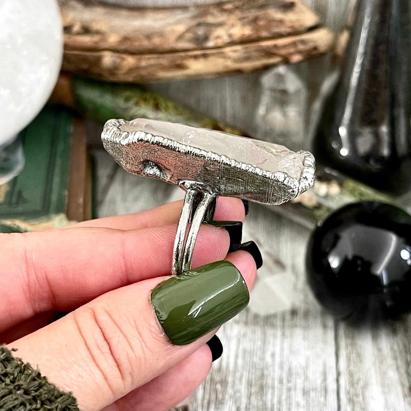 Size 10 Raw Clear Quartz Crystal Ring Set in Fine Silver / Foxlark Collection - One of a Kind