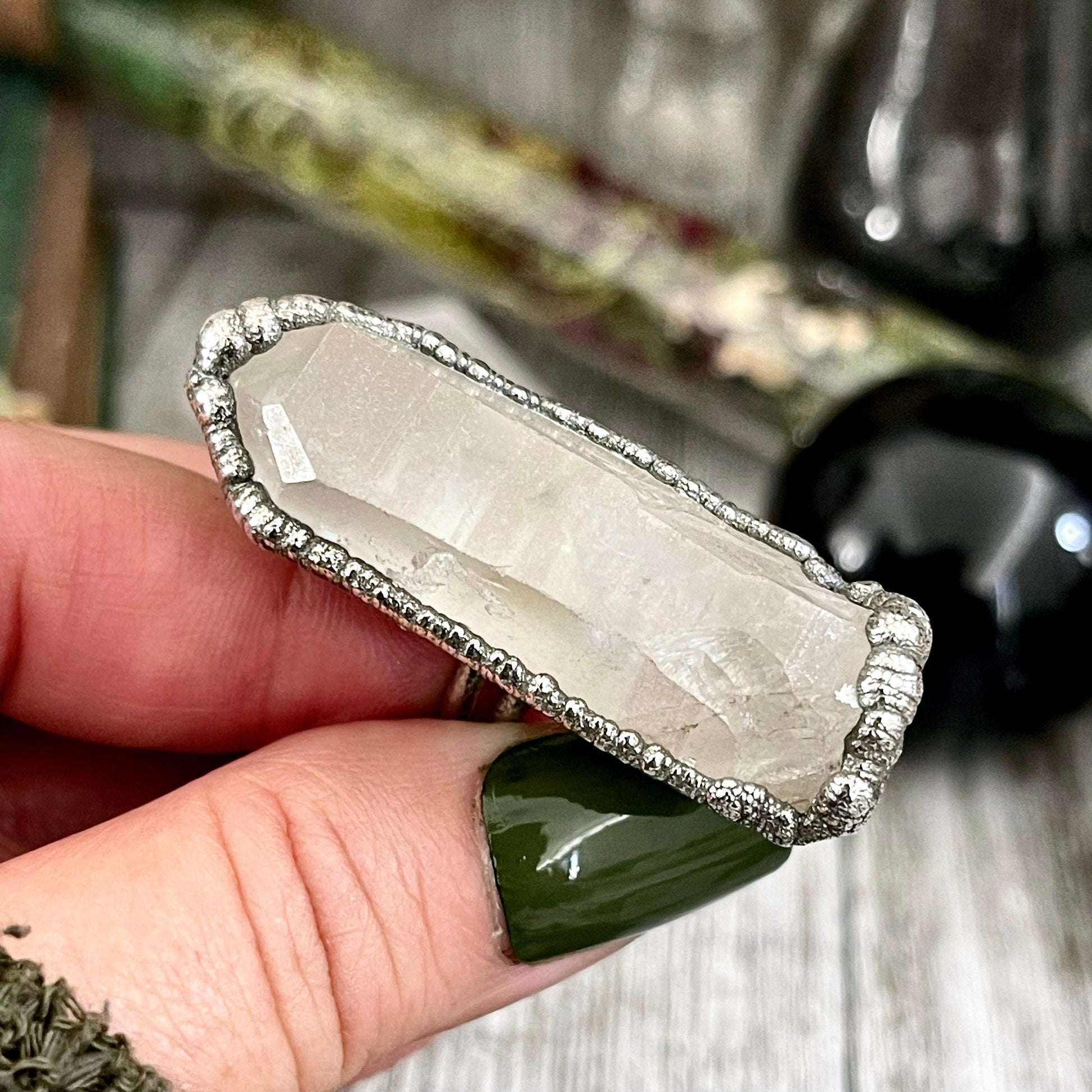 Size 10 Raw Clear Quartz Crystal Ring Set in Fine Silver / Foxlark Collection - One of a Kind