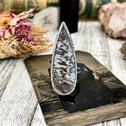 Size 9 Large Blue Fossilized Palm Root Statement Ring in Fine Silver / Foxlark Collection - One of a Kind / Gothic Jewelry Gemstone