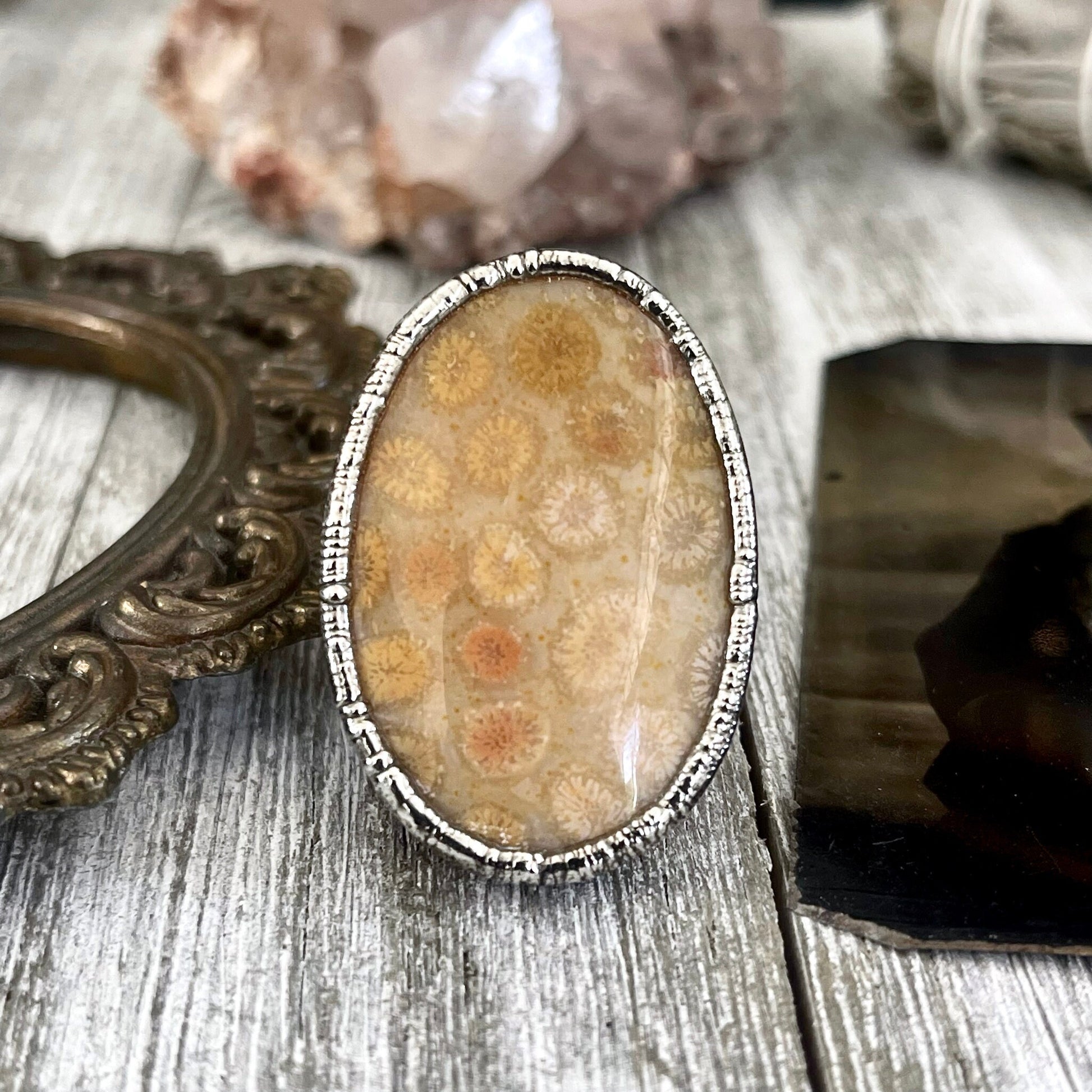 Size 9 Big Fossilized Coral Silver Statement Ring in Fine Silver / Foxlark Collection - One of a Kind