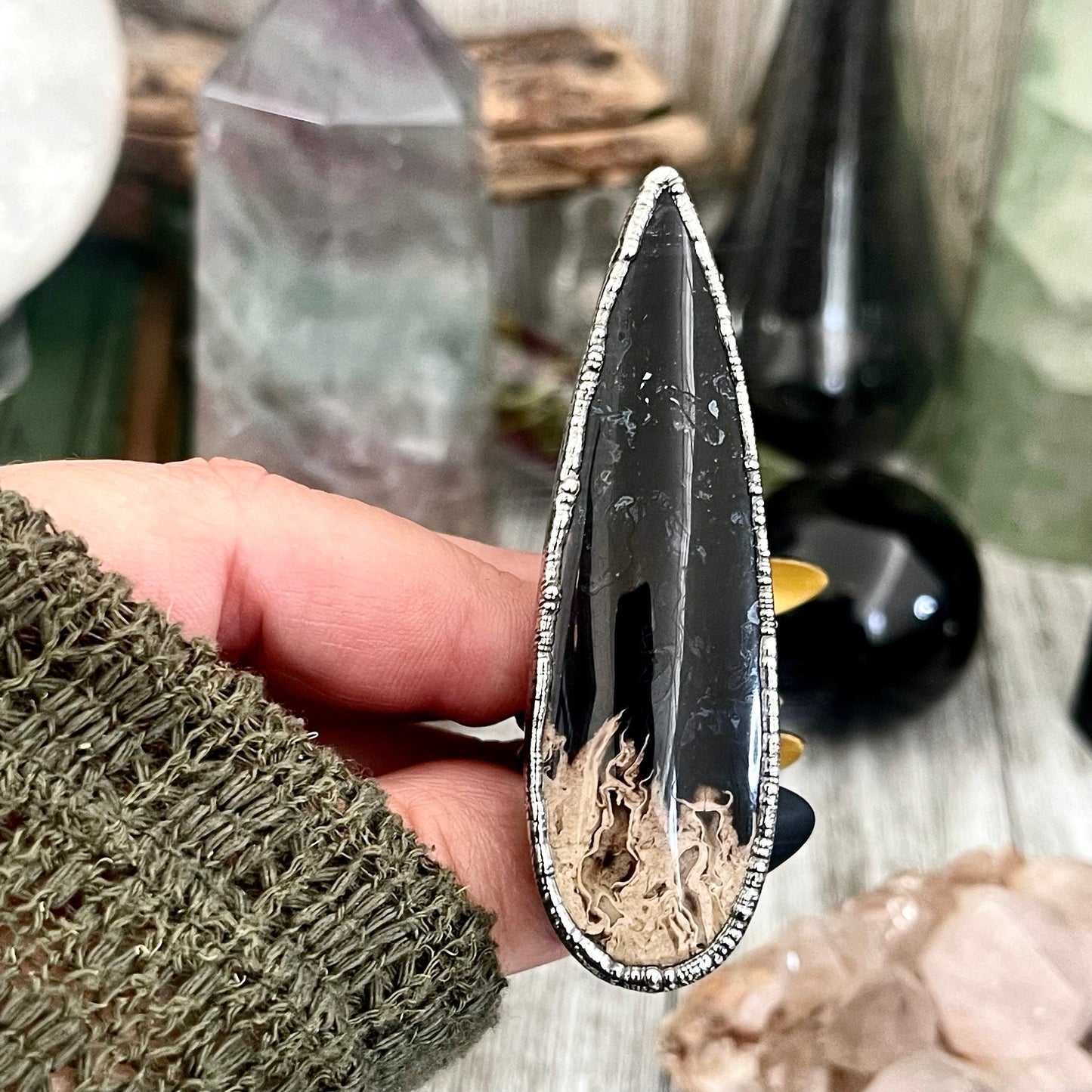 Size 10 Big Fossilized Palm Root Statement Ring in Fine Silver / Foxlark Collection