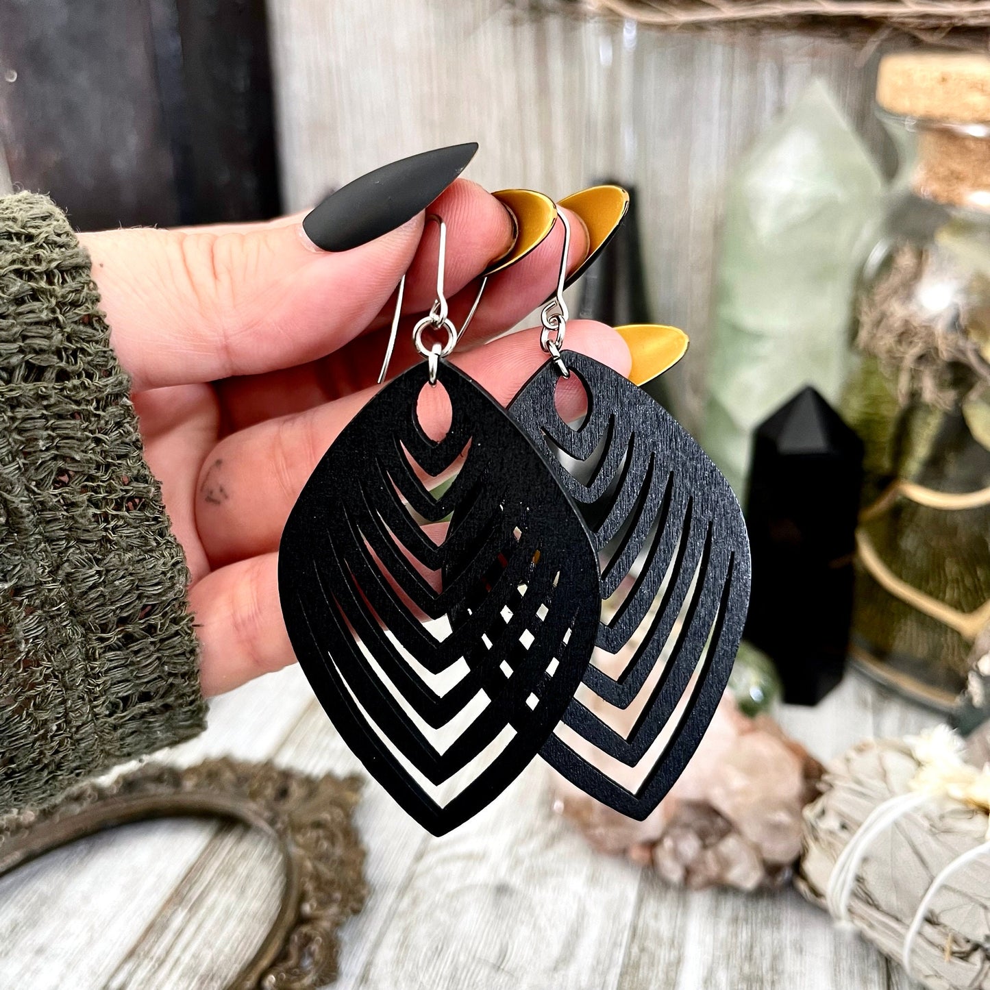 Black Laser Cut Wooden Earrings / Stainless Steel Long Dangly Earrings