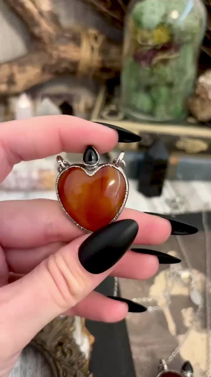 Carnelian Crystal Heart Black Onyx Teardrop Statement Necklace in Fine Silver / Foxlark Collection - One of a Kind